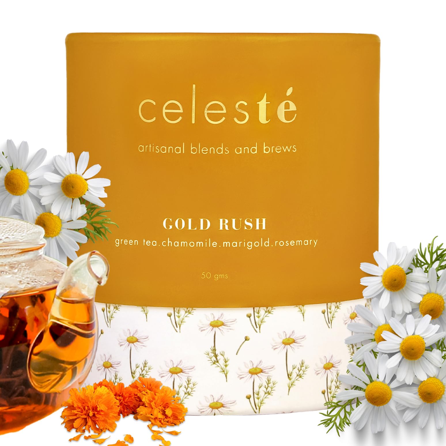 Gold Rush – Chamomile Tea Loose Leaf | Premium Blend with Marigold, Rosemary & Whole Chamomile Flowers | Calming & Aromatic | 100% Natural Loose Leaf Green Tea | (50gm) (25 Cups)