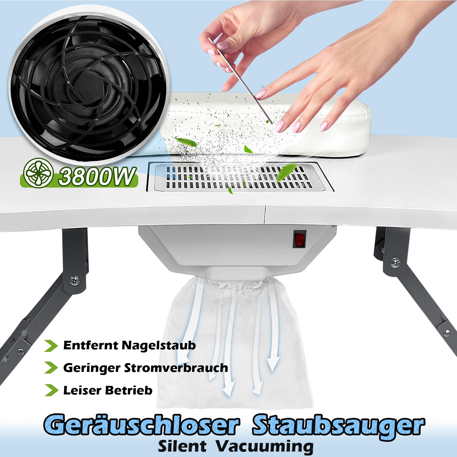 LZQ Mesa de Manicura Plegable Con Aspiradora, Portátil, Para Salón de Uñas, 90 x 37 x 77 cm, Color Blanco