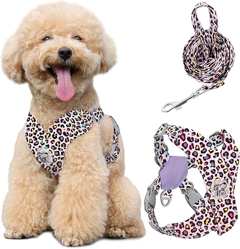 Pawaboo Small Dog Harness and Leash Set, Puppy Harness X-Frame No Pull No Choke, Dog Vest Harnesses Adjustable for Small Medium Sized Dogs,Soft Breathable Pet Harnesses, M, Light Pink Leopard