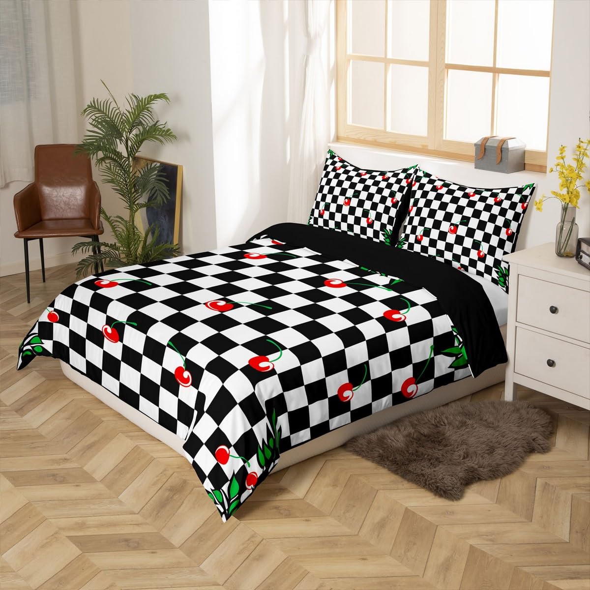 jejeloiu Cherry Comforter Cover Toddler Kids Buffalo Check Leaves Bedding Set for Boys Girls Teens Black White Plaid Modern Abstract Art Duvet Cover Room Decor?No Comforter