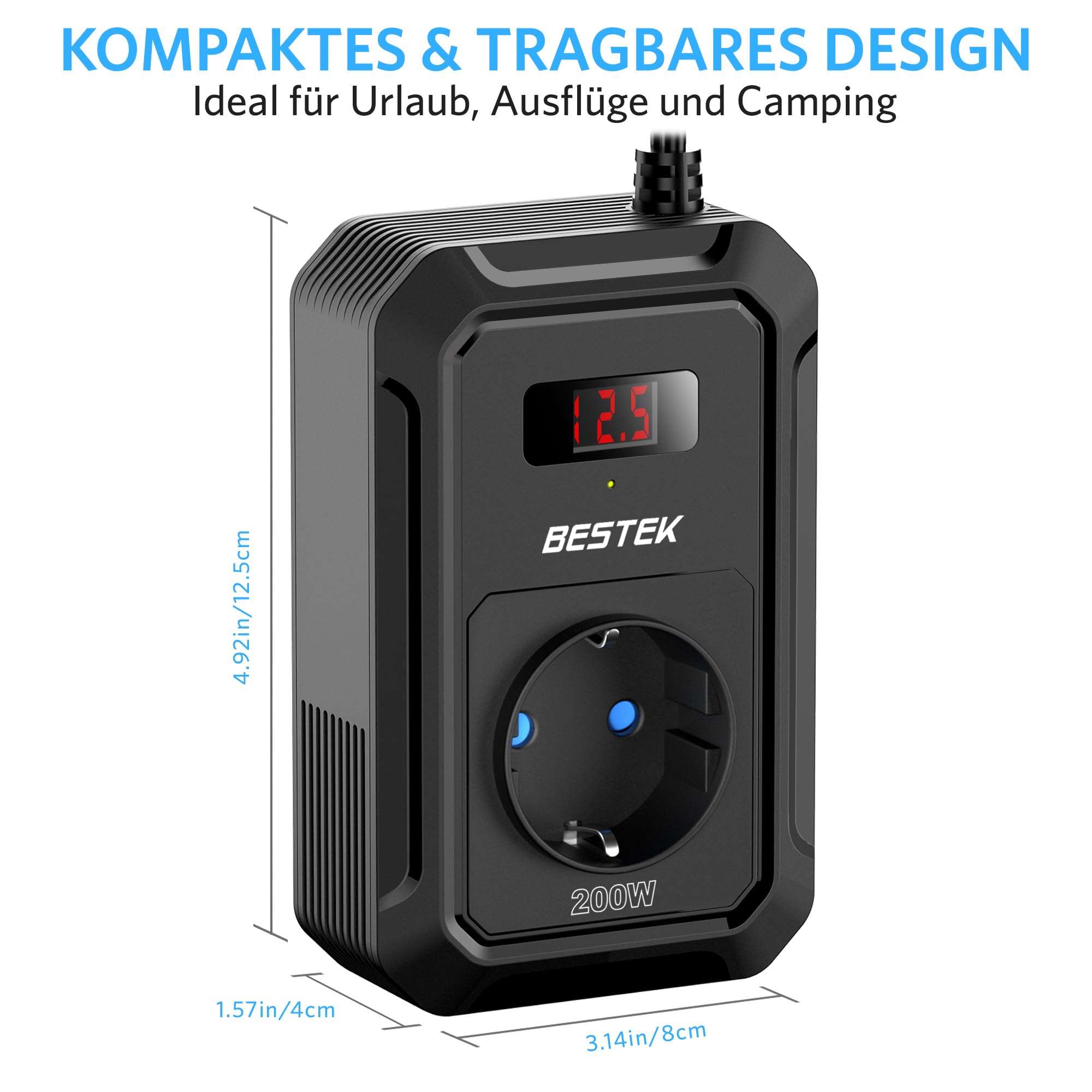 BESTEK 200W Spannungswandler 12 V 230 V 240 V,Wechselrichter 12v auf 230v mit 2 USB QC18-W und 2 USB-C (65 W und 30 W)&1 AC Anschlüssen Zigarettenanzünderstecker,von Laptops,iPhones,und mehr,Schwar