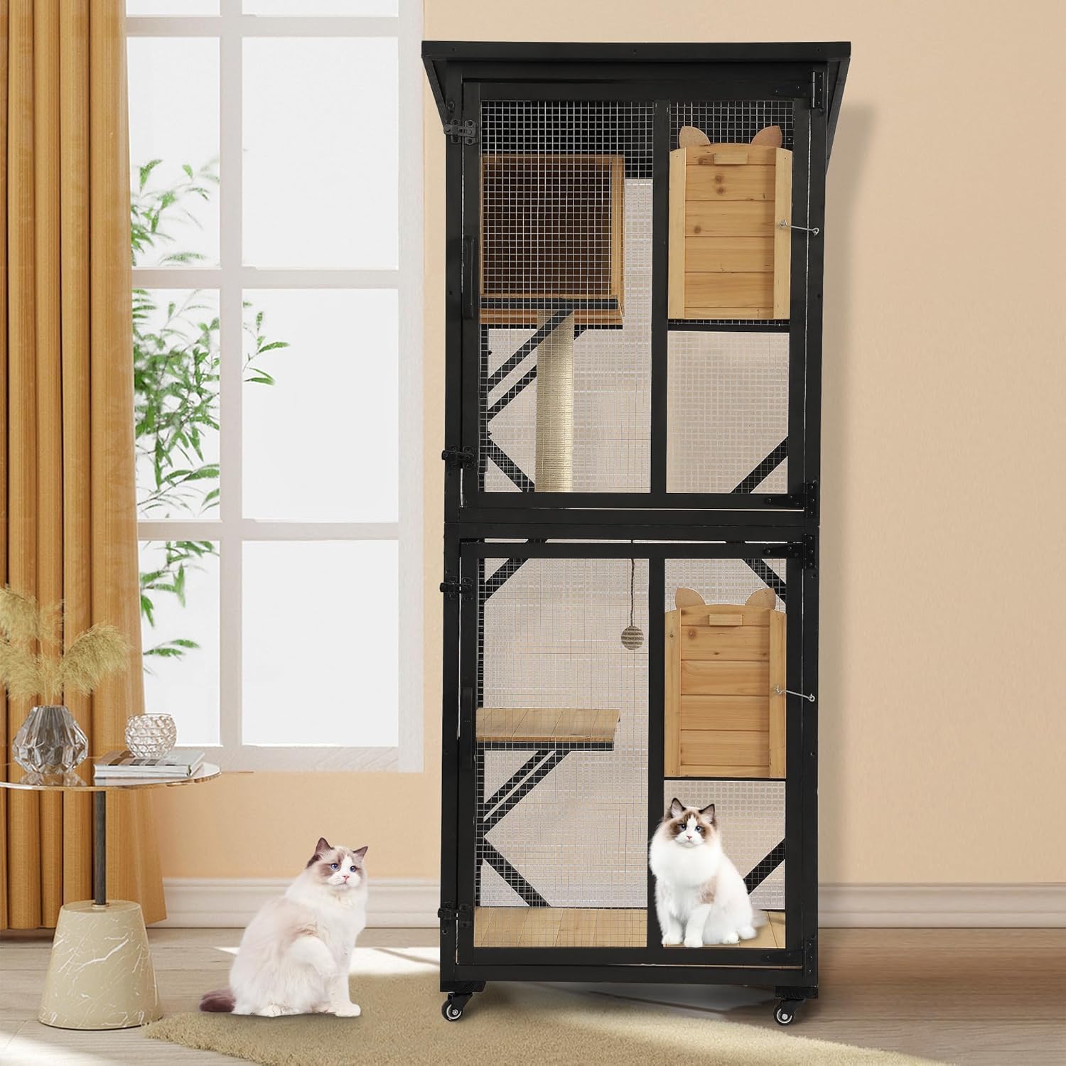 TITIMO 71" Catio Cat, Large Outdoor Cat House for Multiple Cats, Wooden Indoor Kitty Enclosure Window Condo w/Waterproof Roof, Platforms, Resting Box, Scratching Post, Sisal Ball, Wheels