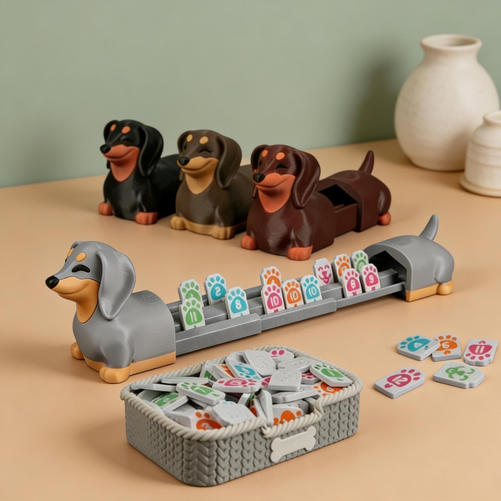 Wytrzymała gra planszowa Rummy, pudełko na płytki z liczbami, zestaw do gry | technika druku 3D z symbolami łap, wyjątkowy wygląd jamnika dla przyjaciół jamników, rozrywka