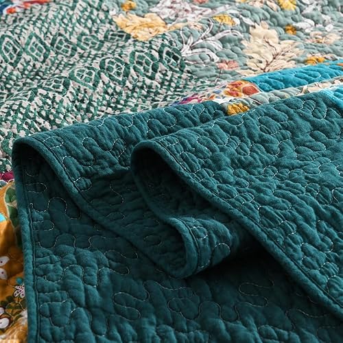 Miniatura 7 de Autumn Dream Juego de colcha de algodón reversible, juego de ropa de cama reversible, colcha vintage floral de retazos turquesa, tamaño King
