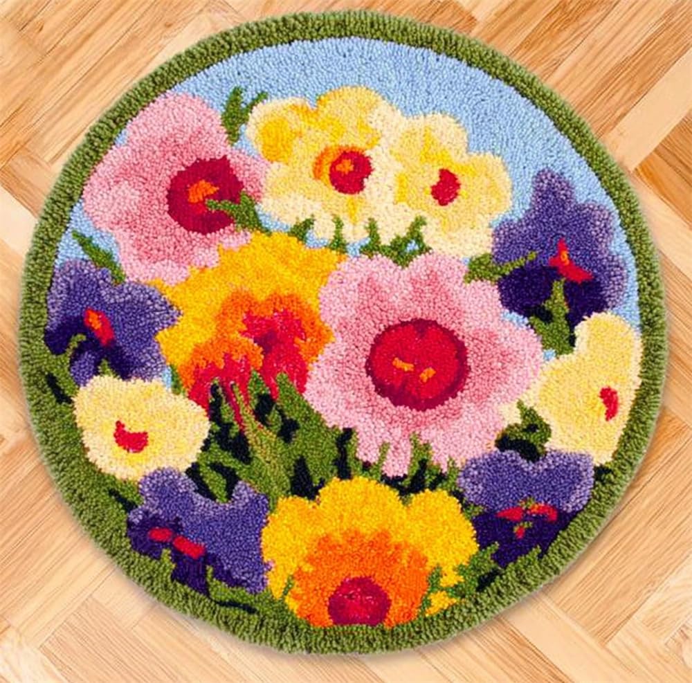 kitphoenix Round Shape Latch Hook Kits Rug Spring Garden 20X20Inch (50X50Cm) DIY Cushion Rug Carpet Making Crochet Hook Kits Preprinted Pattern Canvas Cushion Arylic Yarn Hooking Kits Mat Kits