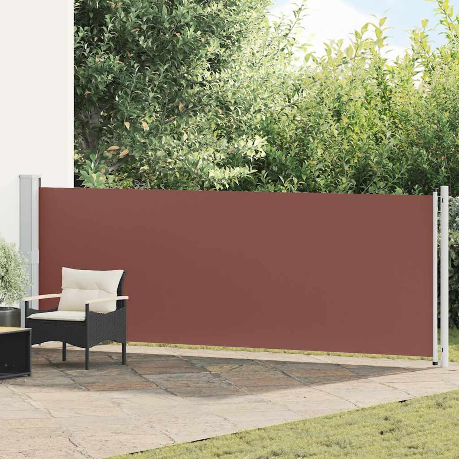 Chowany brązowy baldachim boczny, 140 x 600 cm, montowany na ścianie, ochrona przed słońcem i wiatrem, do patio i balkonu, łatwy montaż, rozwiązanie dla cienia na zewnątrz