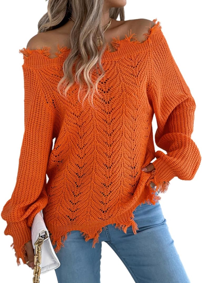 Women's Distressed Off-Shoulder Sweater - Lace-Up Cutout Pullover with Long Sleeves, Breathable Loose Fit Knit Top - Image 3