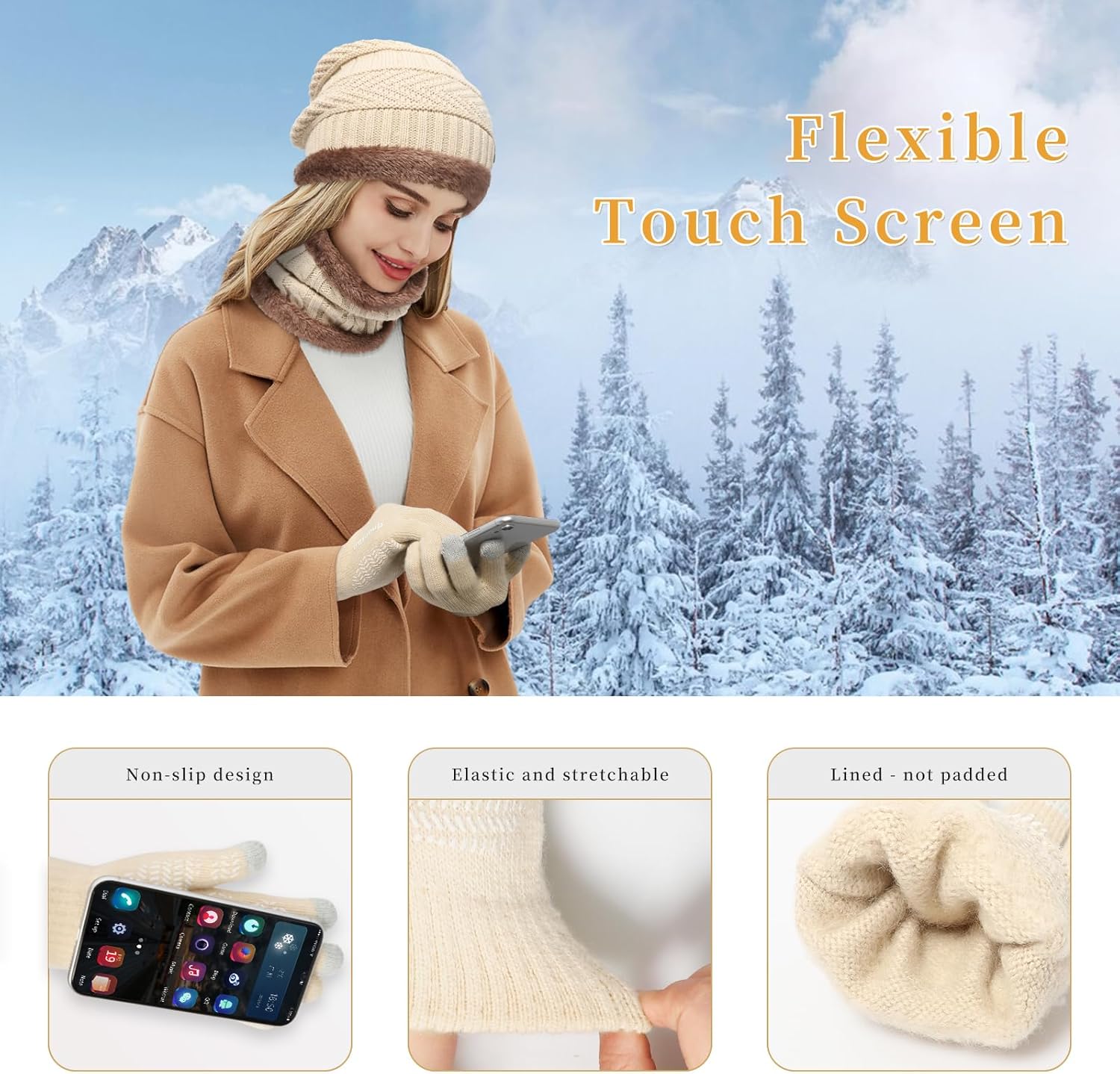 MAYLISACC Winter Knit Beanie Hat Neck Warmer Scarf and Touch Screen Gloves Set 3 Pcs Fleece Lined Skull Cap for Men Women - Image 5