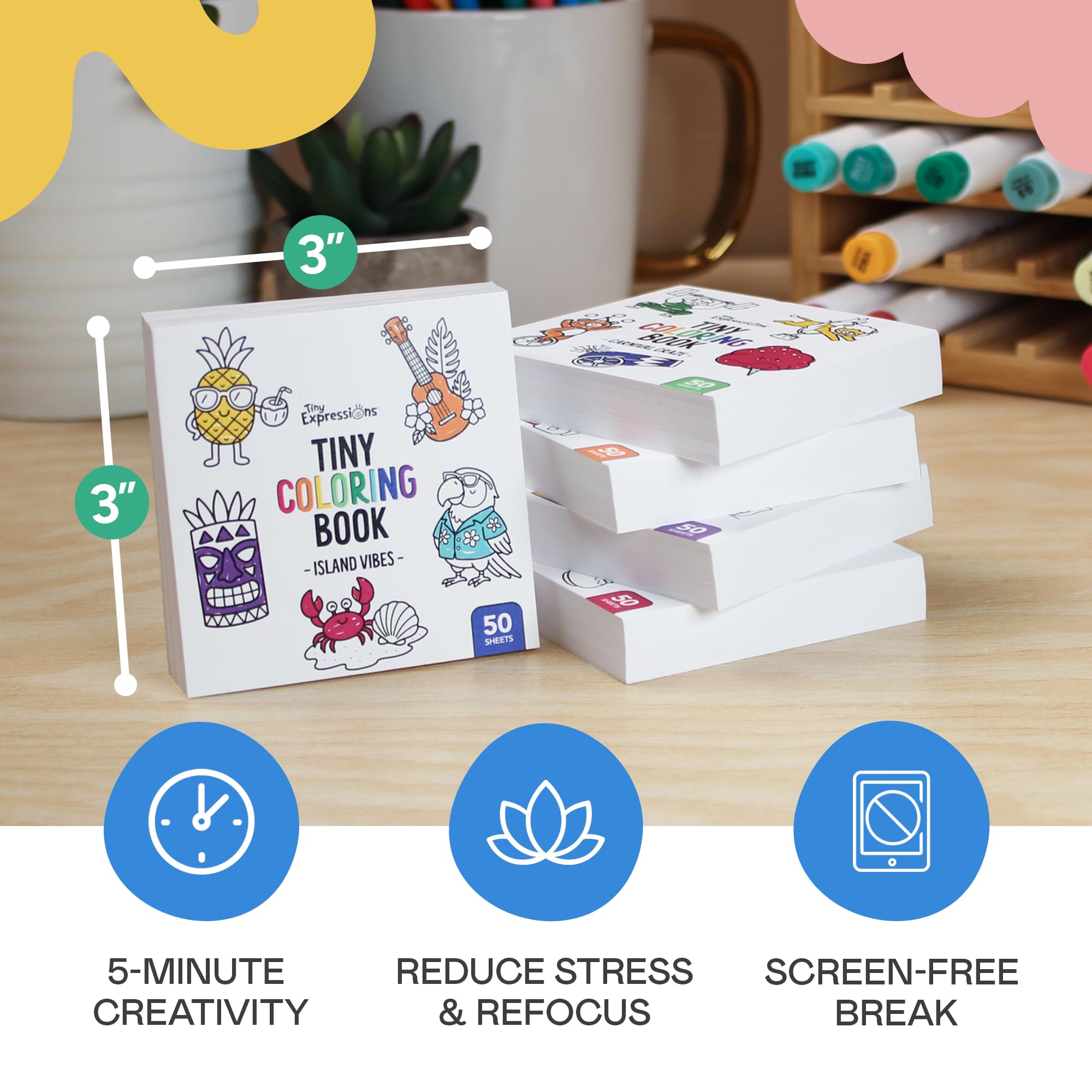 Tiny Expressions Mini libros para colorear para adultos, 3 x 3 pulgadas, tamaño de bolsillo | Paquete de 5 libros para colorear pequeños y simples para aliviar el estrés para relajación, atención plena y ansiedad