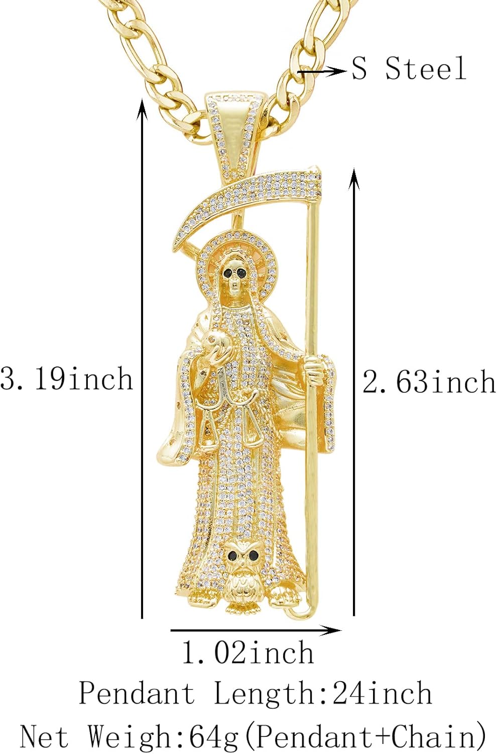 14K Gold Plated Brass Cubic Zirconia Skull Holy Death Sanit La Santa Muerte Charm Pendant Necklace Jewelry - Image 2