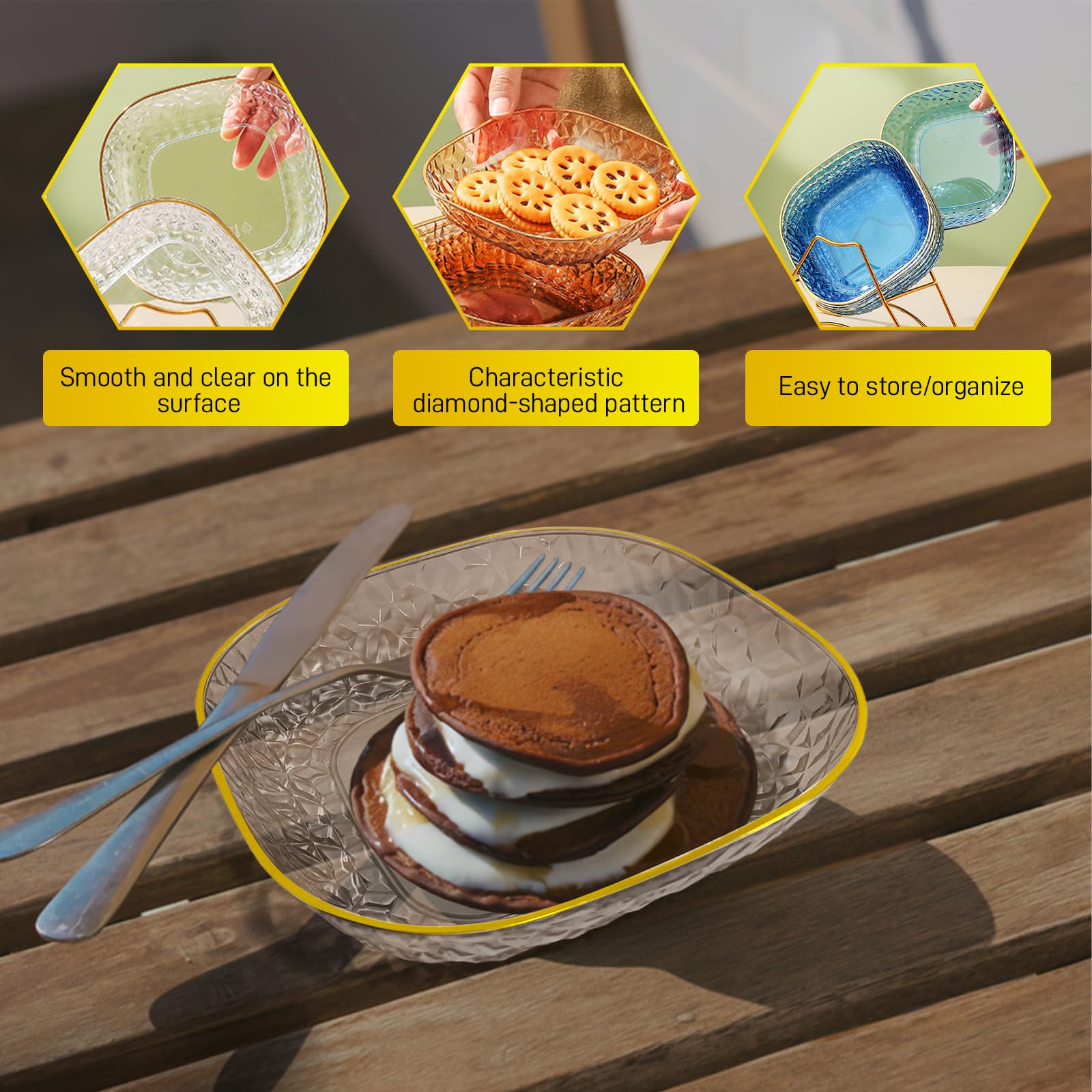 Juego de 4 platos de postre de 6 pulgadas, cuencos de pellizco para preparación de cocina, platos de plástico reutilizables con borde dorado y borde elevado, platos pequeños para aperitivos