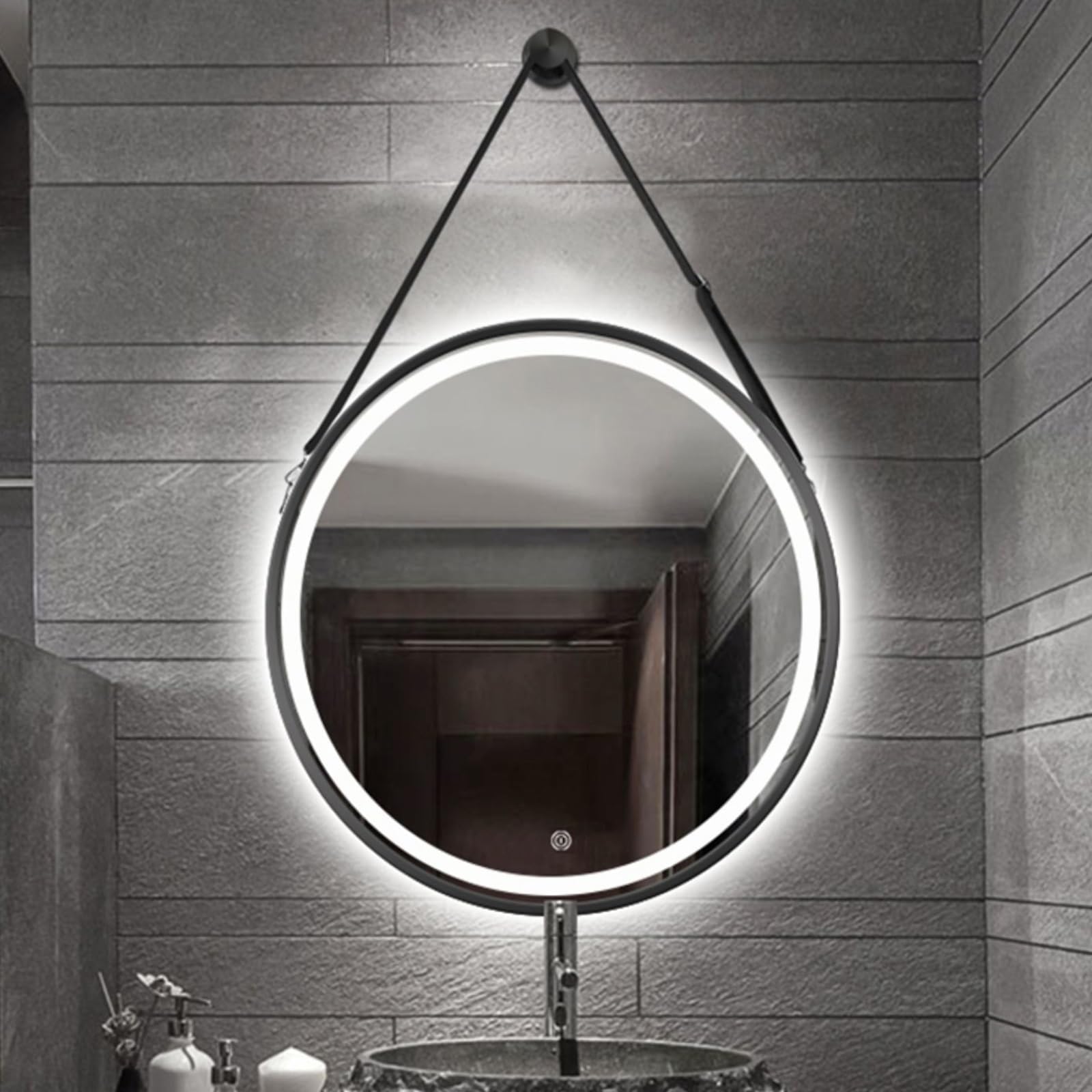 QICBYING LED Illuminated Bathroom Mirror, Wall Mounted Hanging Vanity Makeup Mirror With Leather Strap, Round LED Bathroom Mirrors, Dimmable 3 Color Temperatures, Anti-Fog, Memory Function