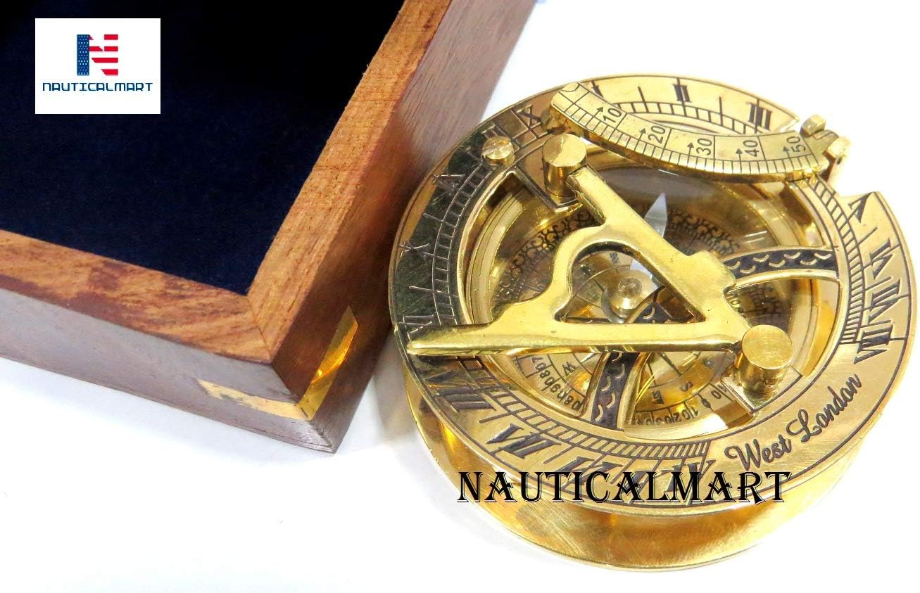 3.5" Sundial Compass with Teak Wood Box Inlaid with Solid Brass