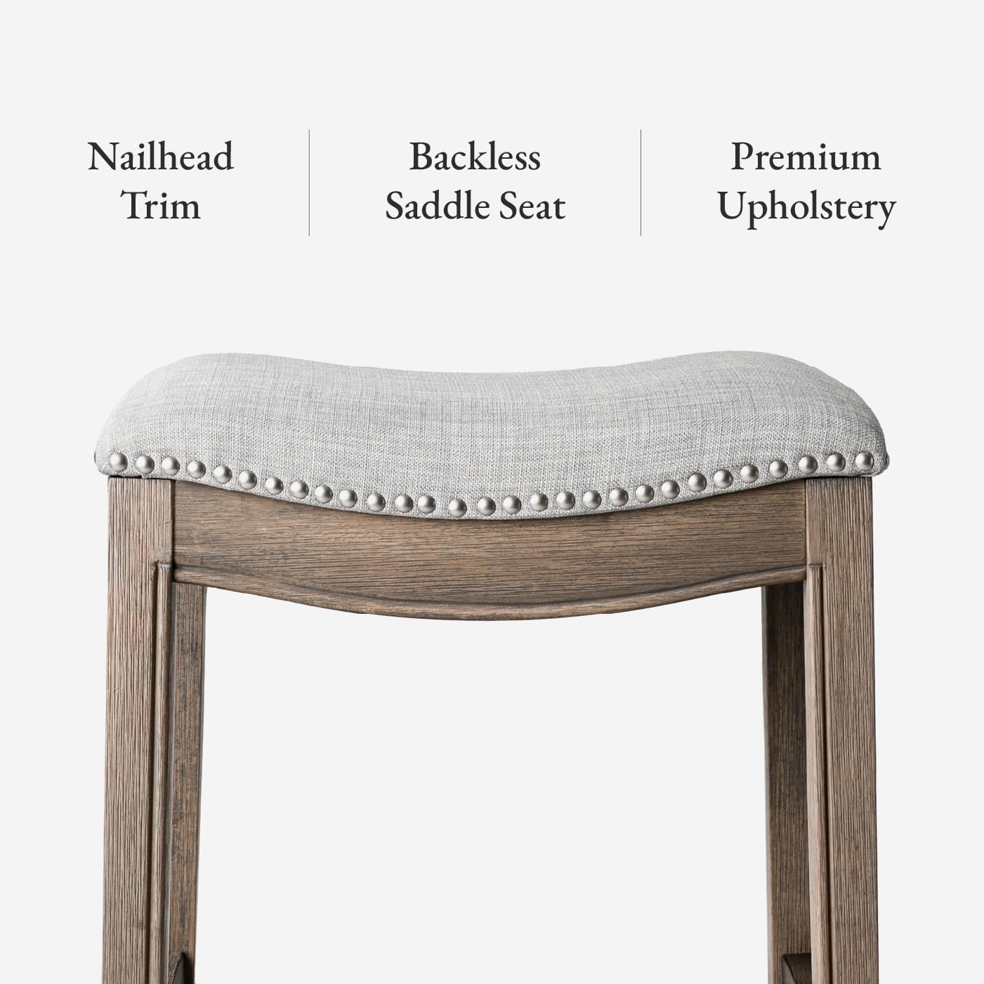Maven Lane Adrien Backless Bar Stool – Set of 4 – 31 Inch Saddle Seat with Footrest – Grey Solid Wood Frame & Grey Fabric Upholstery – Ideal for Bars, Pub Tables & Tall Kitchen Counters