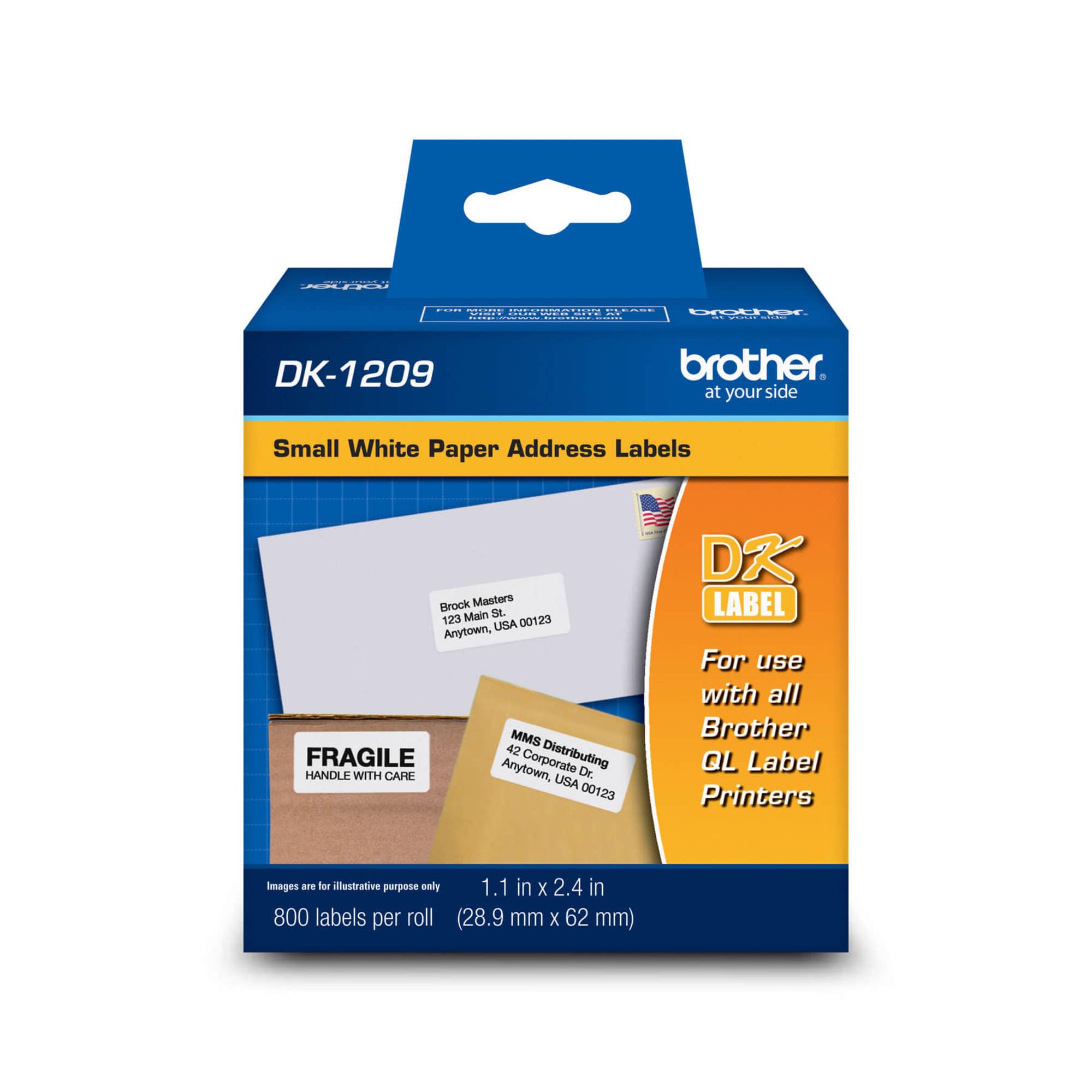 Brother DK-1209 Small Address Labels, White, 2 1/2" x 1 1/2", Roll Of 800