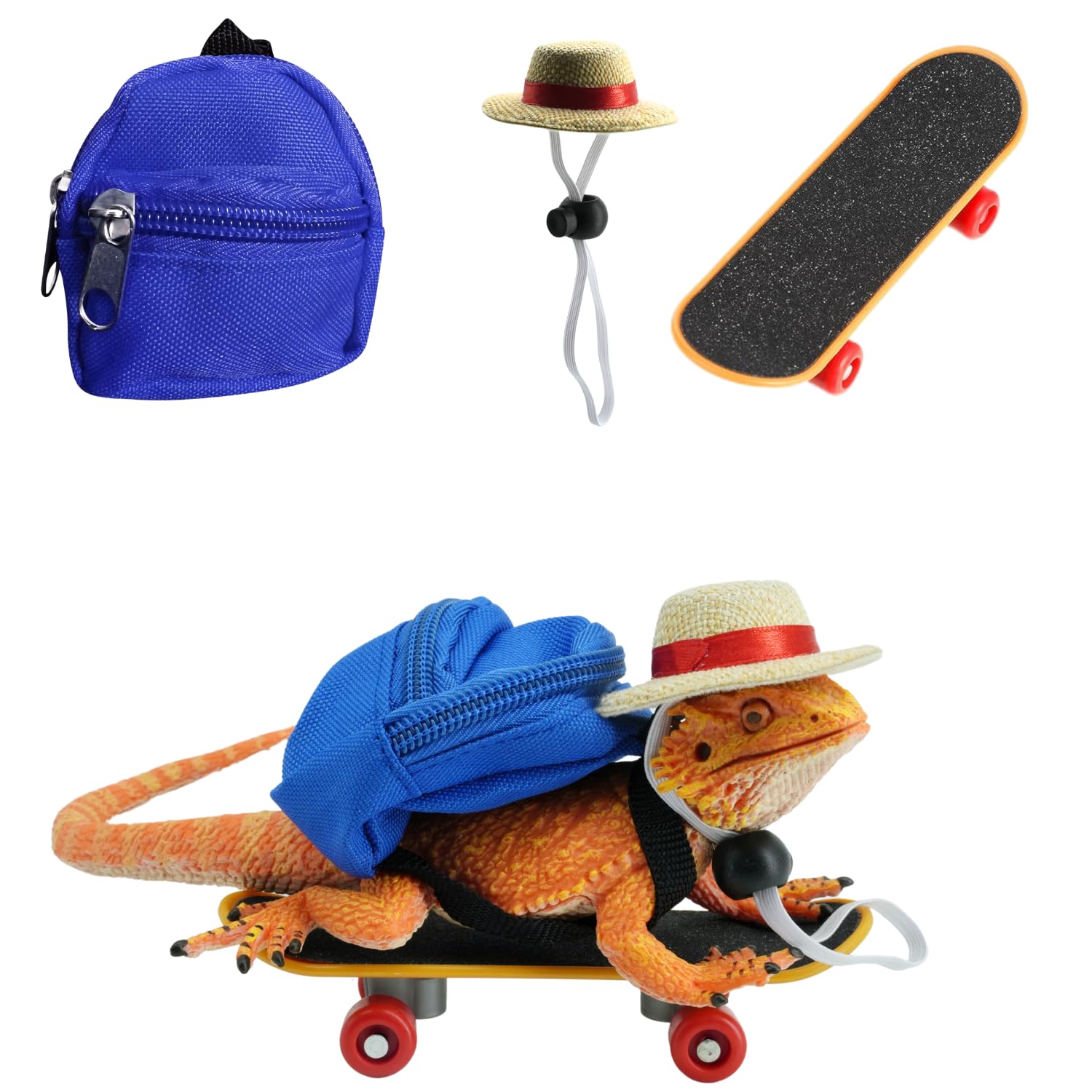 3 Pack Bearded Dragons Accessories Toy Lizard Backpack Adjustable Hat and Mini Skateboard Fit for Lizard Bearded Dragons Hamster Parrot Little Turtle Reptiles Small Animals