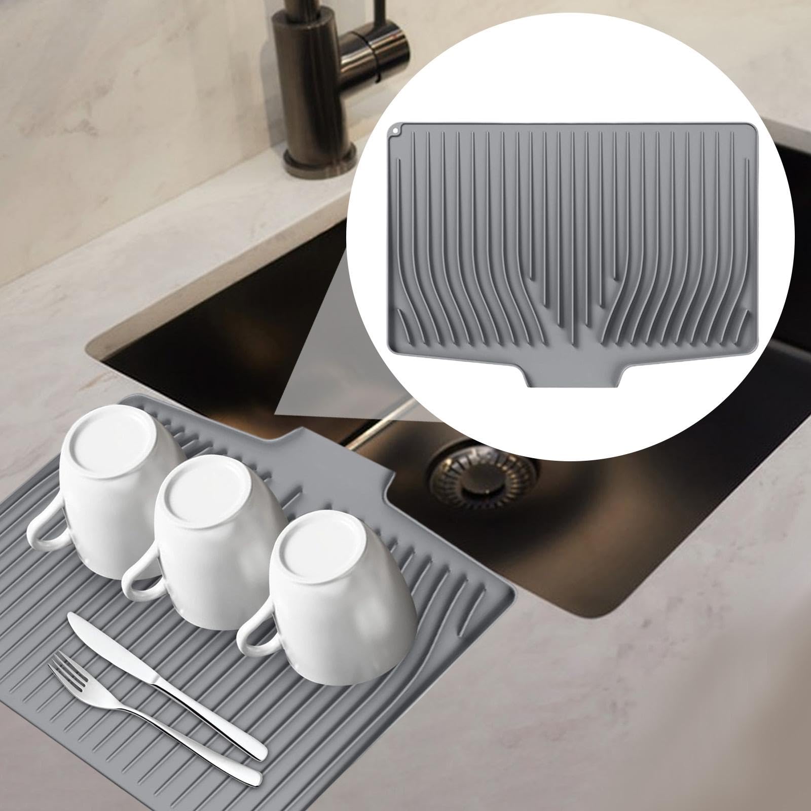 Tappetino Scolapiatti Da Cucina in Silicone Salvapiano Base di Asciugatura Resistente Al Calore E Antiscivolo Adatto per Cucine Domestiche E Ristoran, Grigio