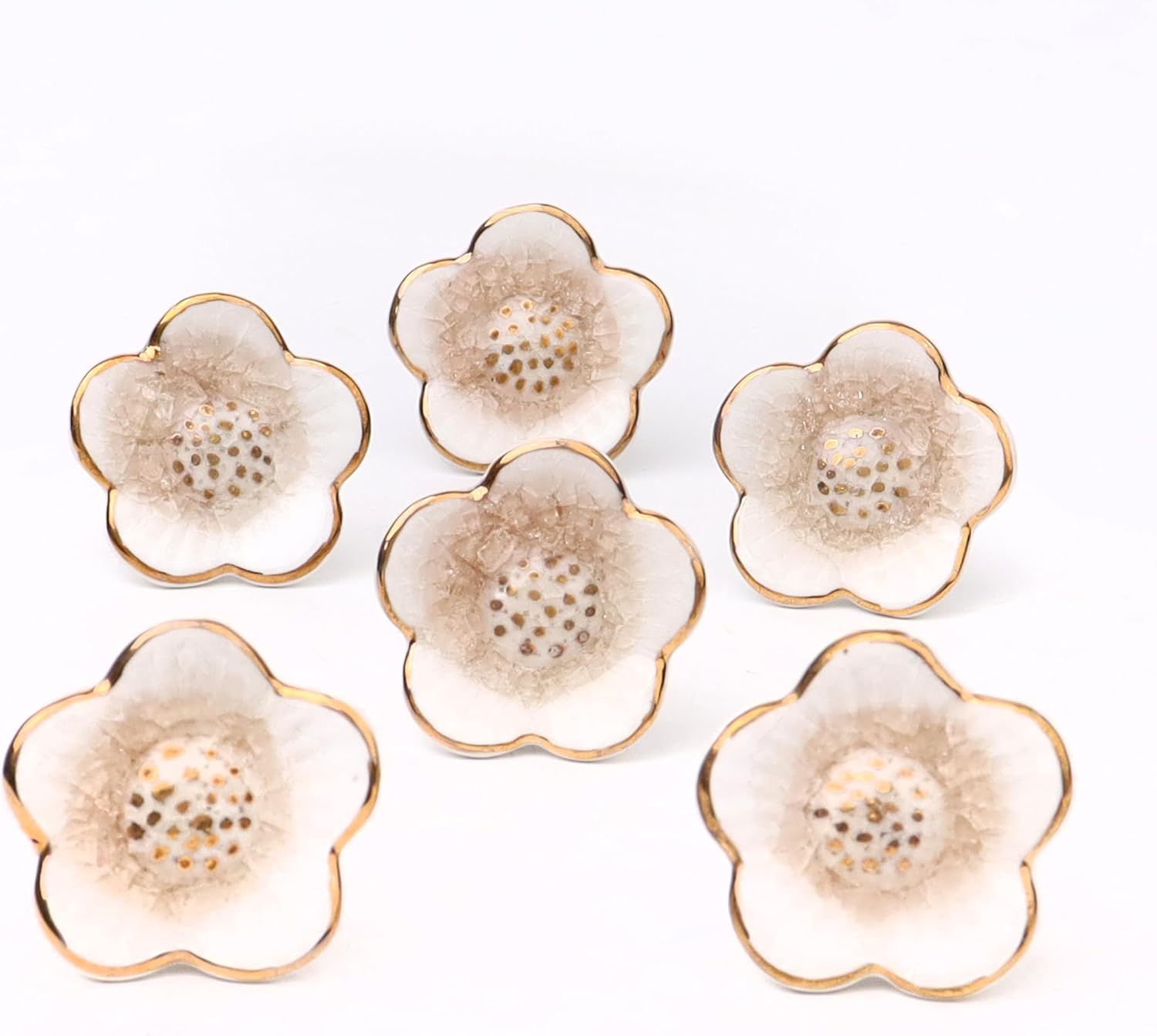 Indian Shelf 6 Piece Gold and White Ceramic Floral Unique Drawer Handles Cabinet Knobs Dresser Pulls Designer Hardware