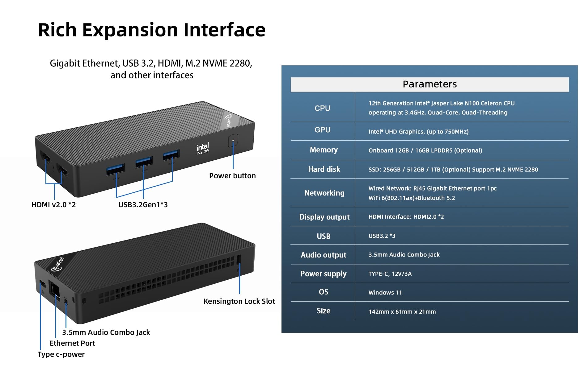 youyeetoo BY52 Mini Pc, In-tel N100 CPU -12th Gen Alder Lake - fino a 3,4 GHz, 12/16 GB LPDDR5 RAM, 256 GB - 1 GB NVMe, Mini PC da gioco, con doppio HDMI 2.0 4K, Office/HTPC (16 GB + 512 GB SSD)