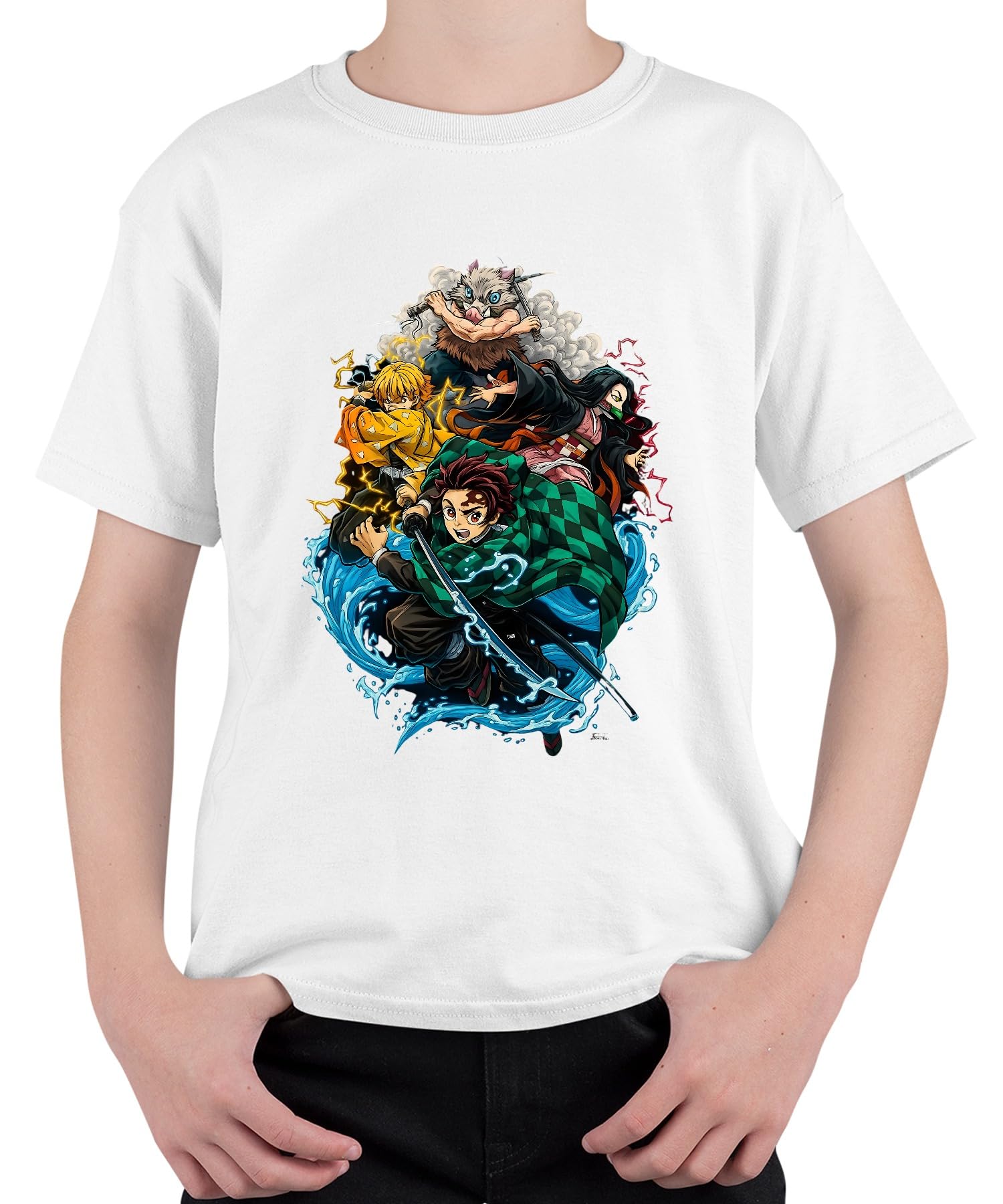Printera Unisex Kids White Demon Slayer Kimetsu No Yaiba Tanjiro Nezuko Zenitsu Fan Gift Children's T-Shirt, 152