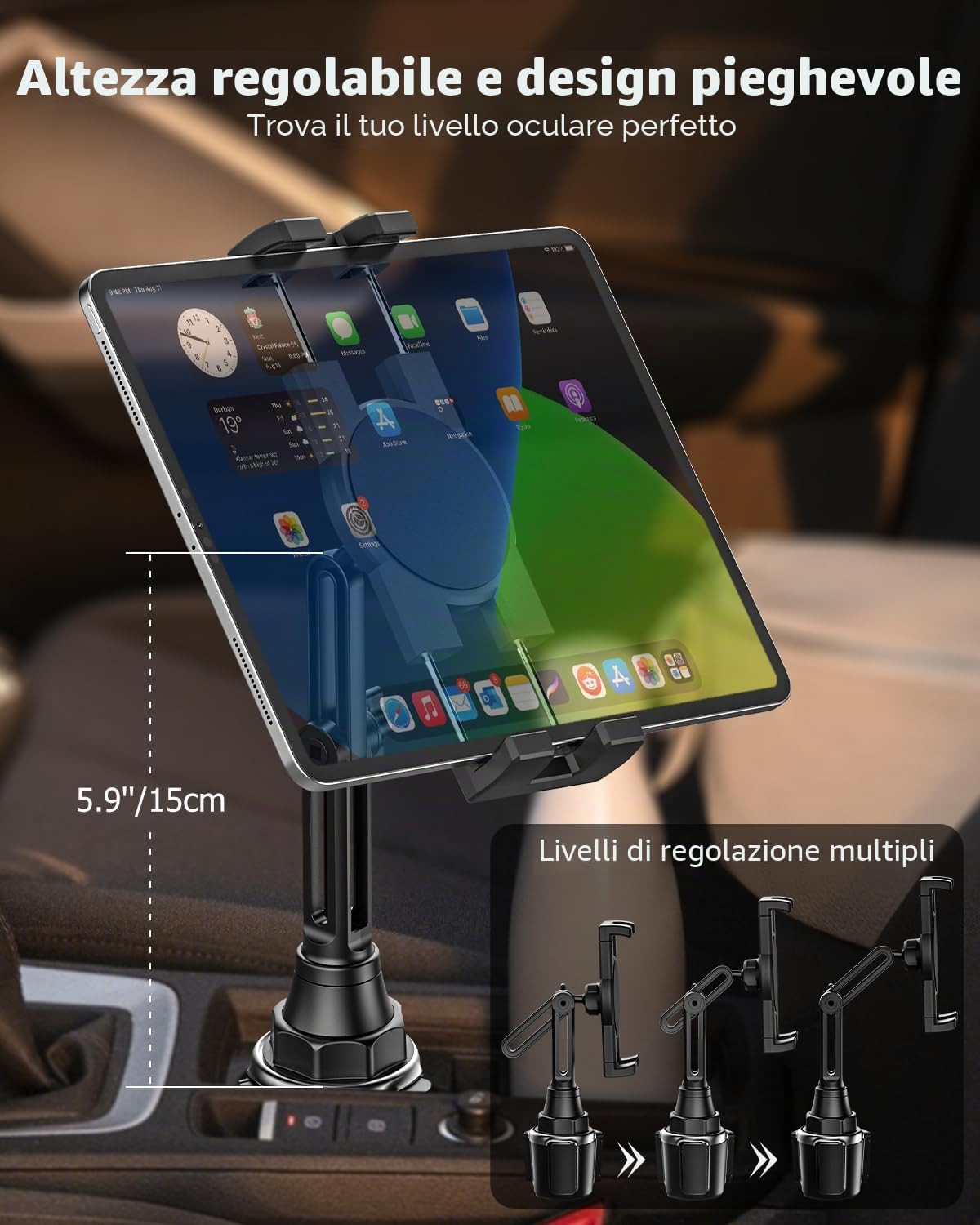 Supporto Tablet Auto Portabicchieri, Porta Tablet & Telefono Tazza Camion con Braccio Regolabile, per iPad PRO 12.9 10.5 9.7 Air Mini 5 4 3 2, Samsung Tab, iPhone 12 PRO Max e 4-13 Pollice