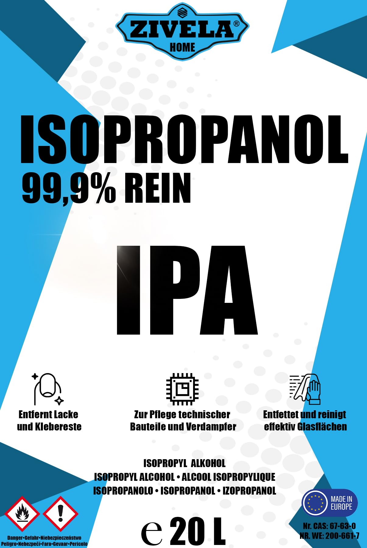 Isopropanol 99,9 % | 20 l isopropanol | IPA 20 l | Isopropanol pour la maison et l'électronique | Lentilles et écrans IPA