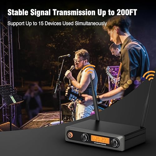Miniatura 4 de Micrófonos inalámbricos, micrófono dinámico inalámbrico dual UHF profesional de metal, sistema de micrófono de mano para karaoke, hogar, reunión,