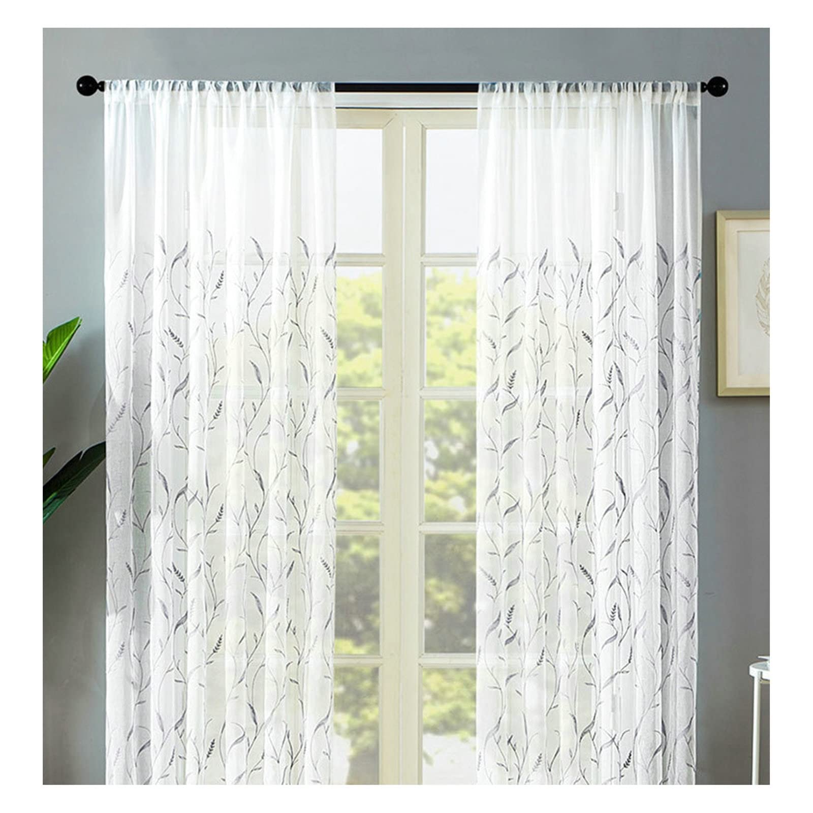 Vorhänge Voile Grau Blumen Bestickt, 214 x 132 cm (H x B), 2er Set, mit Stangendurchzug, Polyester