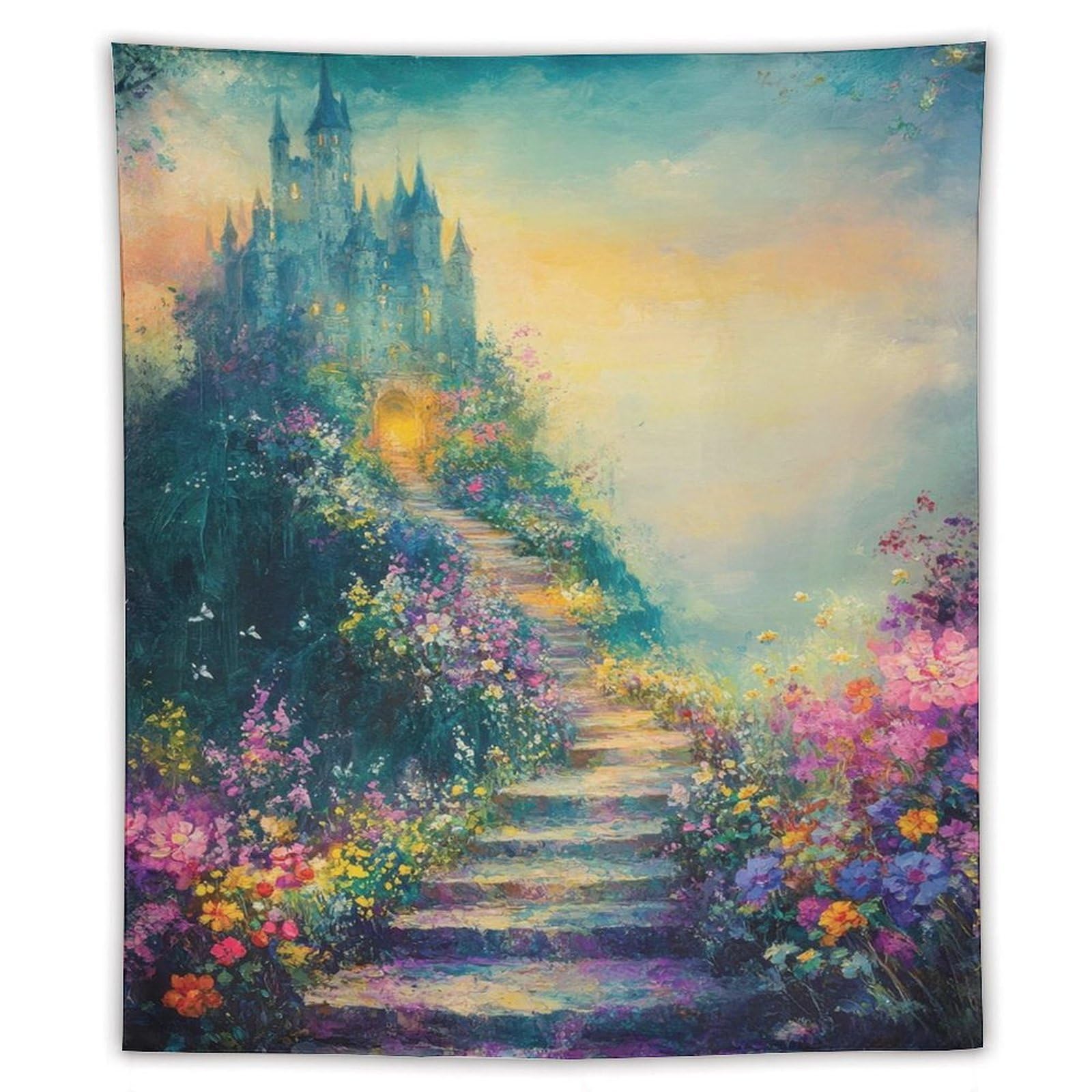 Dreamy Blue Castle Garden Staircase Tapestry Wall Hanging Colorful Floral Path Landscape Art For Bedroom Living Room Dorm Apartment Romantic Fairytale Wonderland Decor50 x60 Tapestry