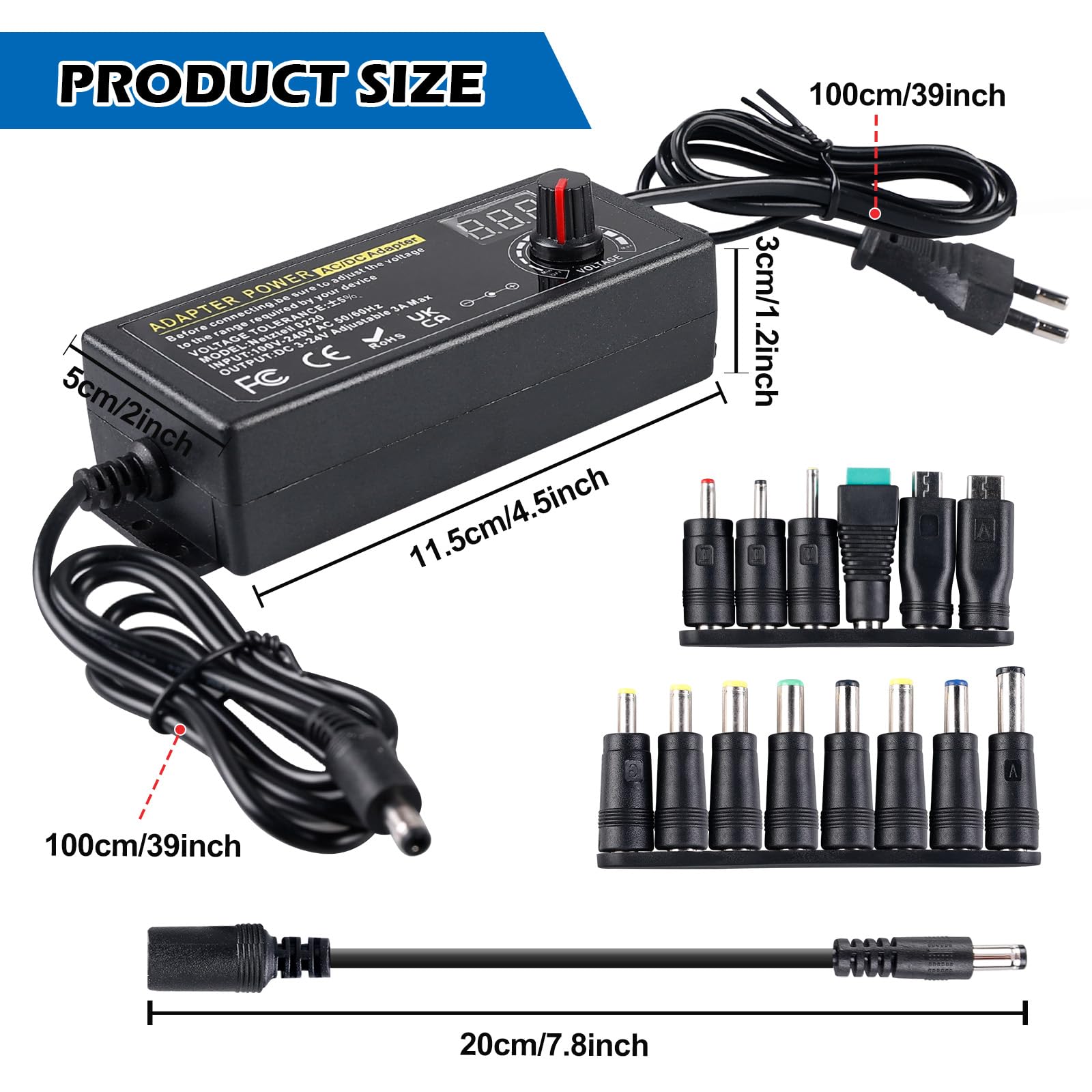 Einstellbares Netzteil 3-24V, 72W – Universal-Adapter Mit 14 Spitzen Für Elektronik