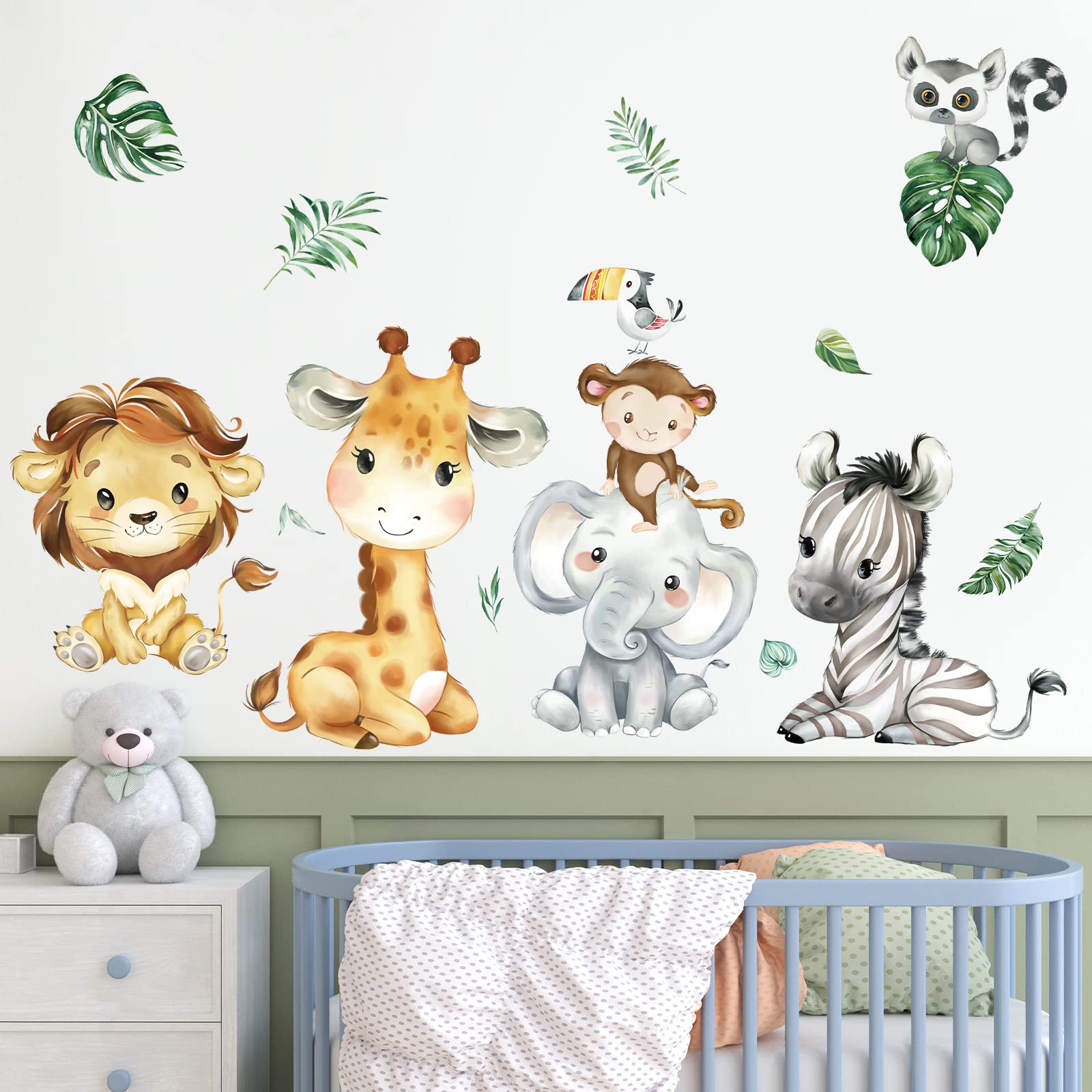 decalmile Pegatinas de Pared Animales de la Jungla Vinilos Decorativos Safari Elefante Jirafa León Adhesivos Pared Habitación Infantiles Niños Bebés Guardería
