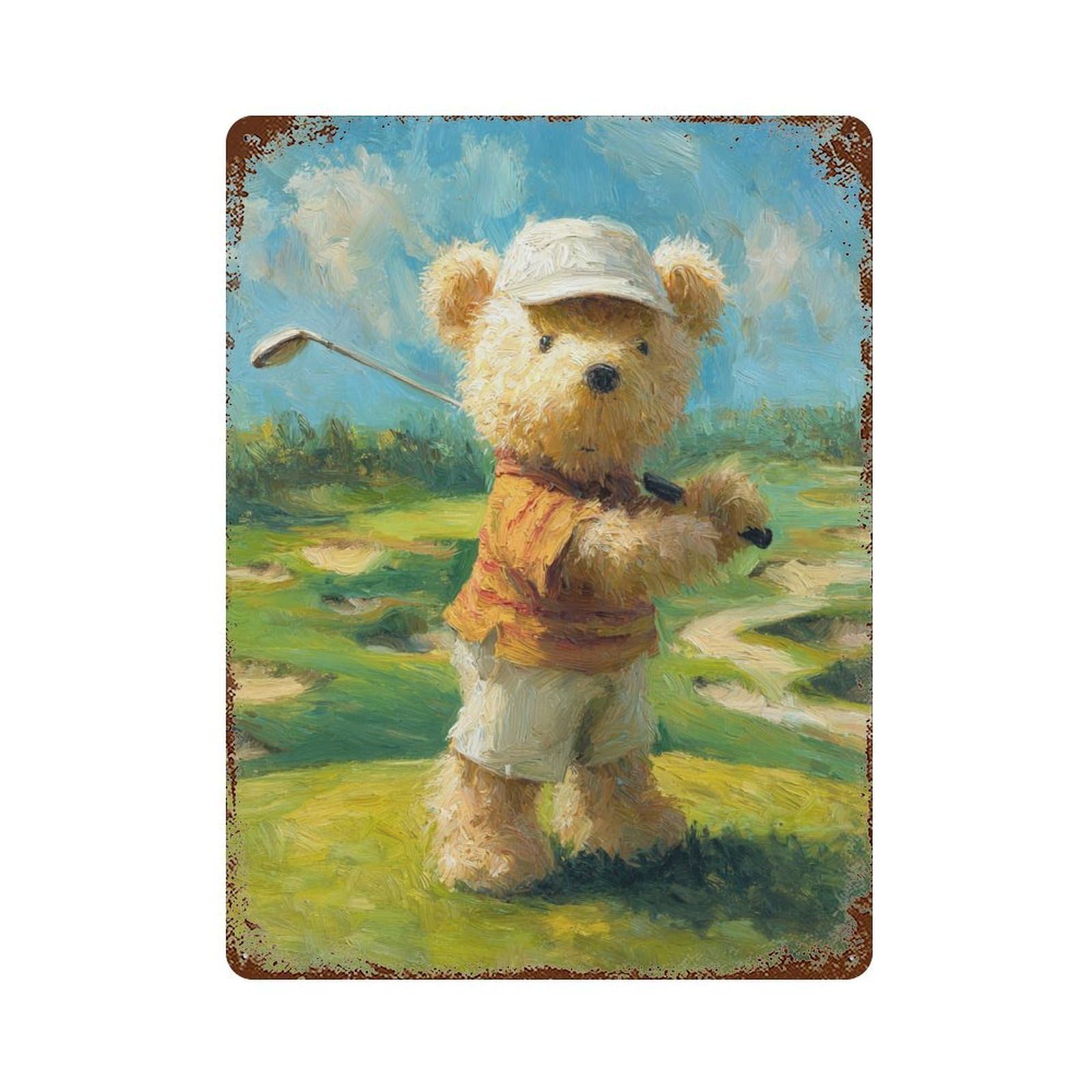 Vintage Rust Metal Sign Teddy Bear Golfing 15.7"x11.8", Old School Wall Decor for Garage, Bar And Workshop Decor