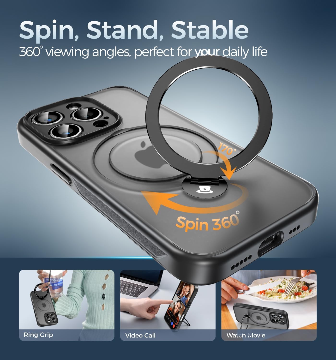 MAGIC JOHN Designed for iPhone 15 Pro Max Case 6.7'', with 360° Rotatable Magnetic Metal Stand [Military Drop Protection] [Compatible with MagSafe] Shockproof Translucent, Black - Image 2