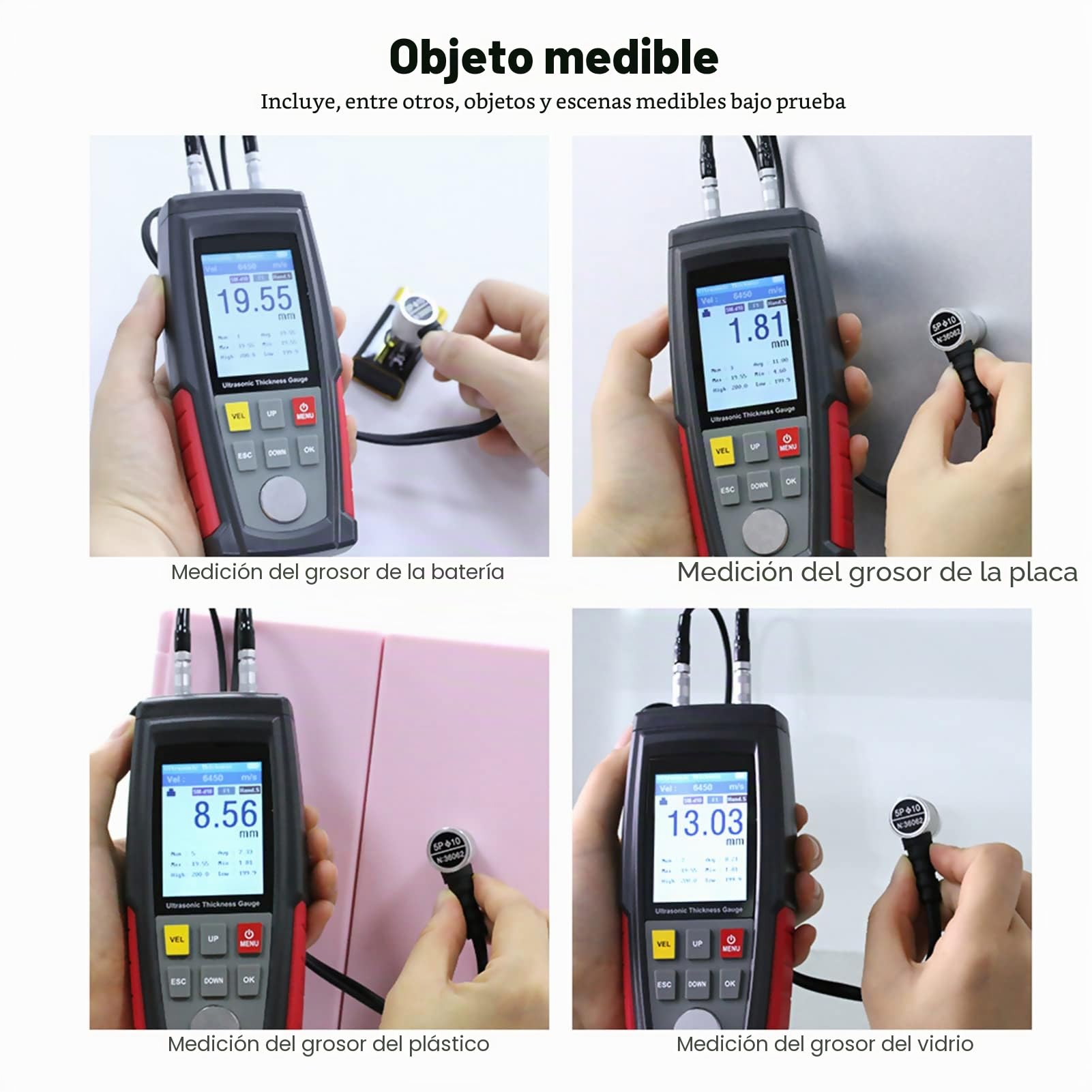 Medidor de Espesor Ultrasónico Digital, WT100A 1-225 mm Medidor Espesor Pintura Coche Portátil con 5 MHz Sonda, Thickness Gauge Ultrasónico Recubrimiento, para Metal Plástico Vidrio Cerámica Tuberías