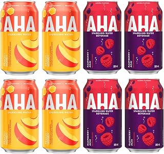 AHA Sparkling Water - Calorie Free, Sweeteners Free, Natural Flavor - Pack of 8 (4 Cans of Peach Honey, 4 Cans of Raspberry Acai) 2 Flavors, 12 fl. oz Cans - Shipped from Canada