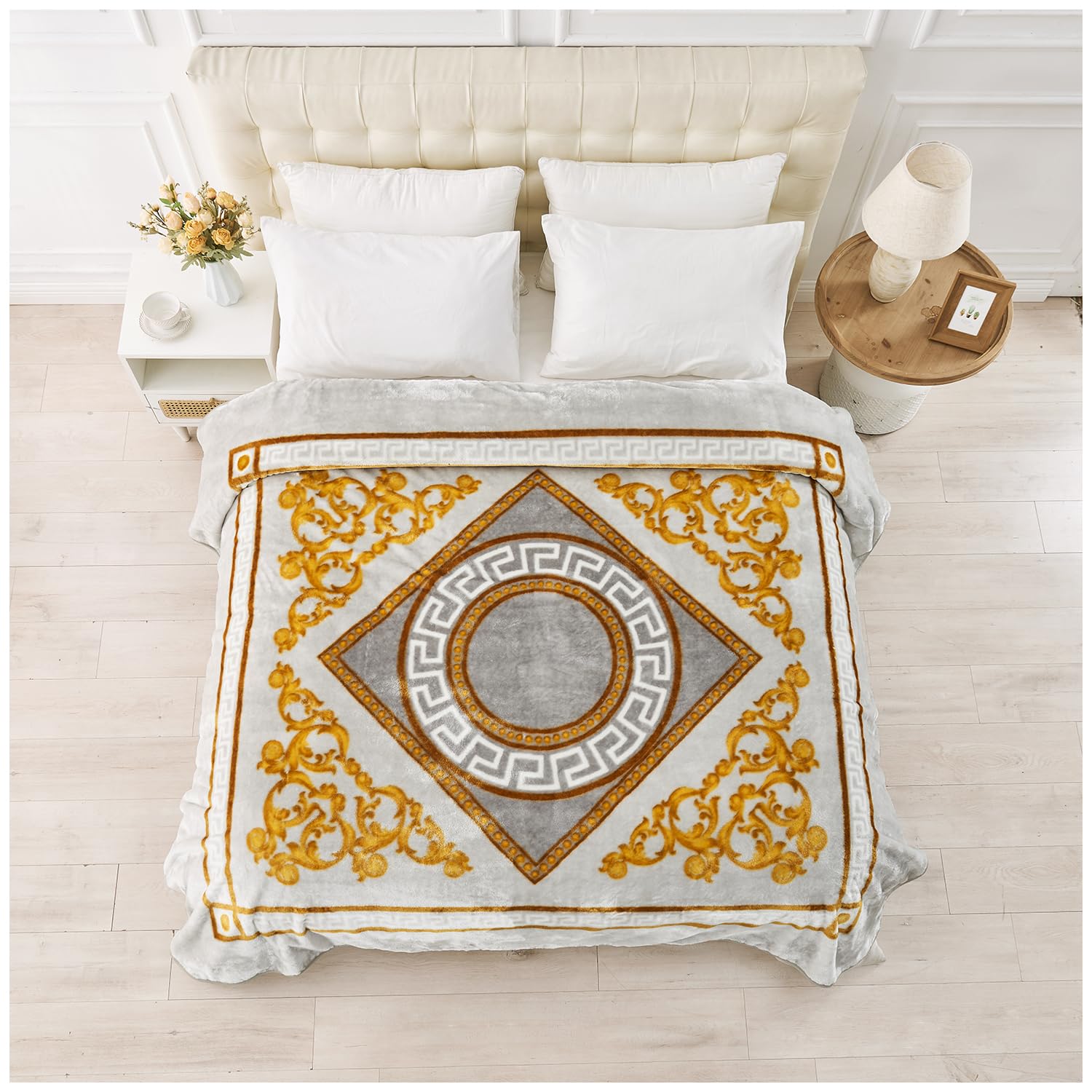GC GAVENO CAVAILIA Sherpa Fleece Blanket (200x240 cm) - Greek Pattern Bed Throw King Size - Fluffy Throws For Bed, Sofas, Armchair - Thermal, Cosy Large Blankets and Throws Washable - Grey