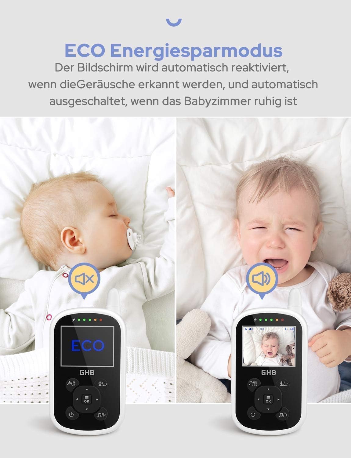 GHB Babyphone mit Kamera 2,4 Zoll ECO Modus Baby Monitor mit Nachtsicht 2X Digital Zoom Wiegenlieder