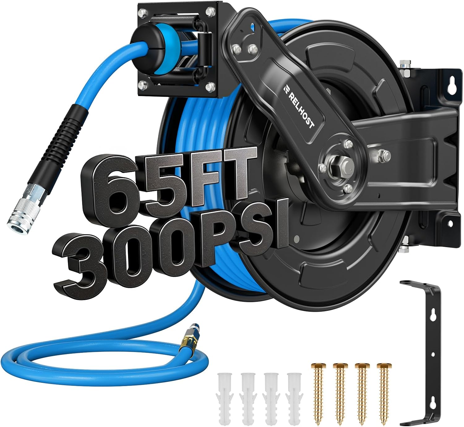 Retractable air hose reel with 65 ft hybrid hose, 300 PSI