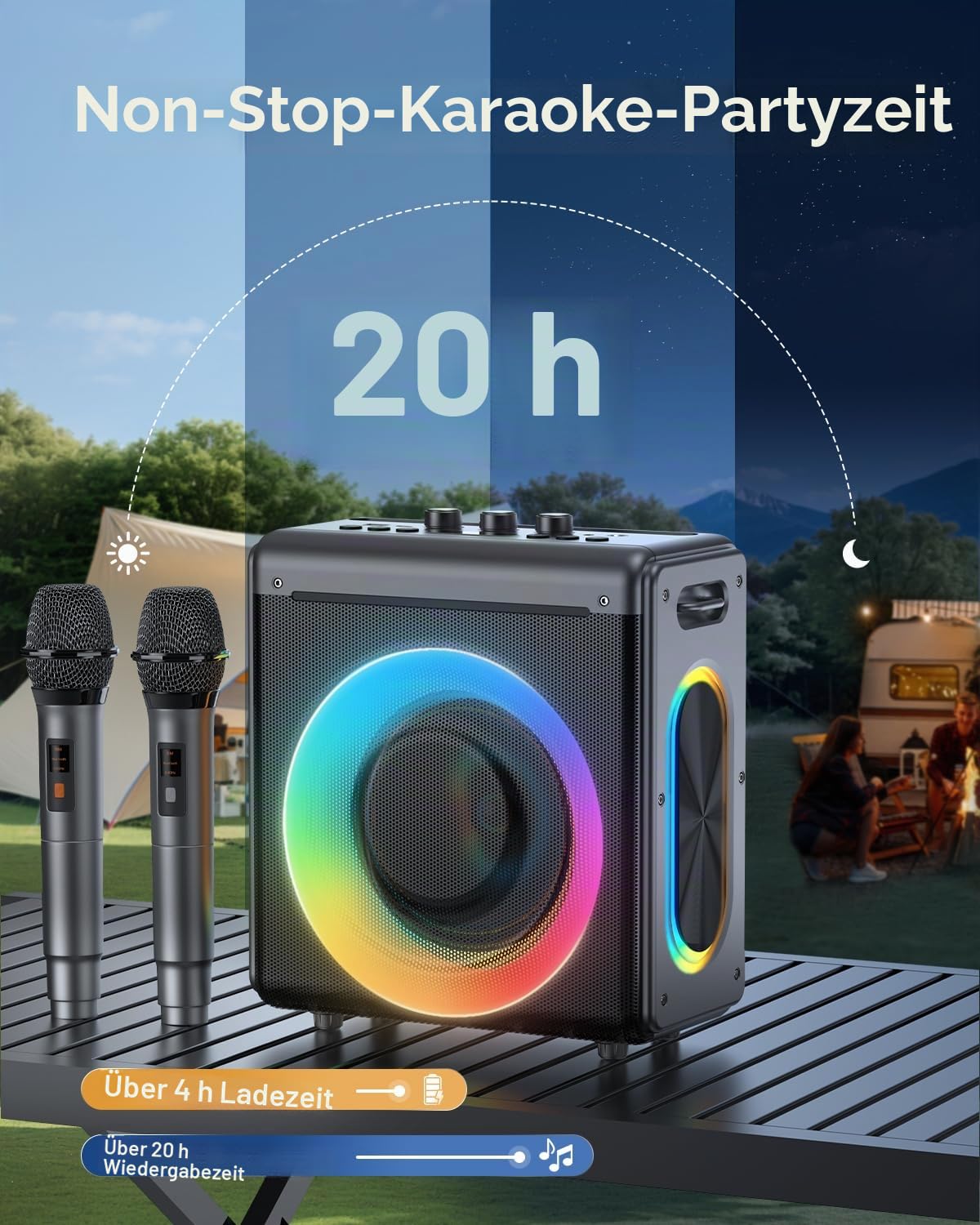 Karaoke Maschine mit 2 mikrofonen, wiederaufladbaren Mikrofonen: Tragbarer Bluetooth-Lautsprecher für Erwachsene und Kinder – PA-System mit Lichteffekten, unterstützt TWS/TF-Karte/USB/AUX