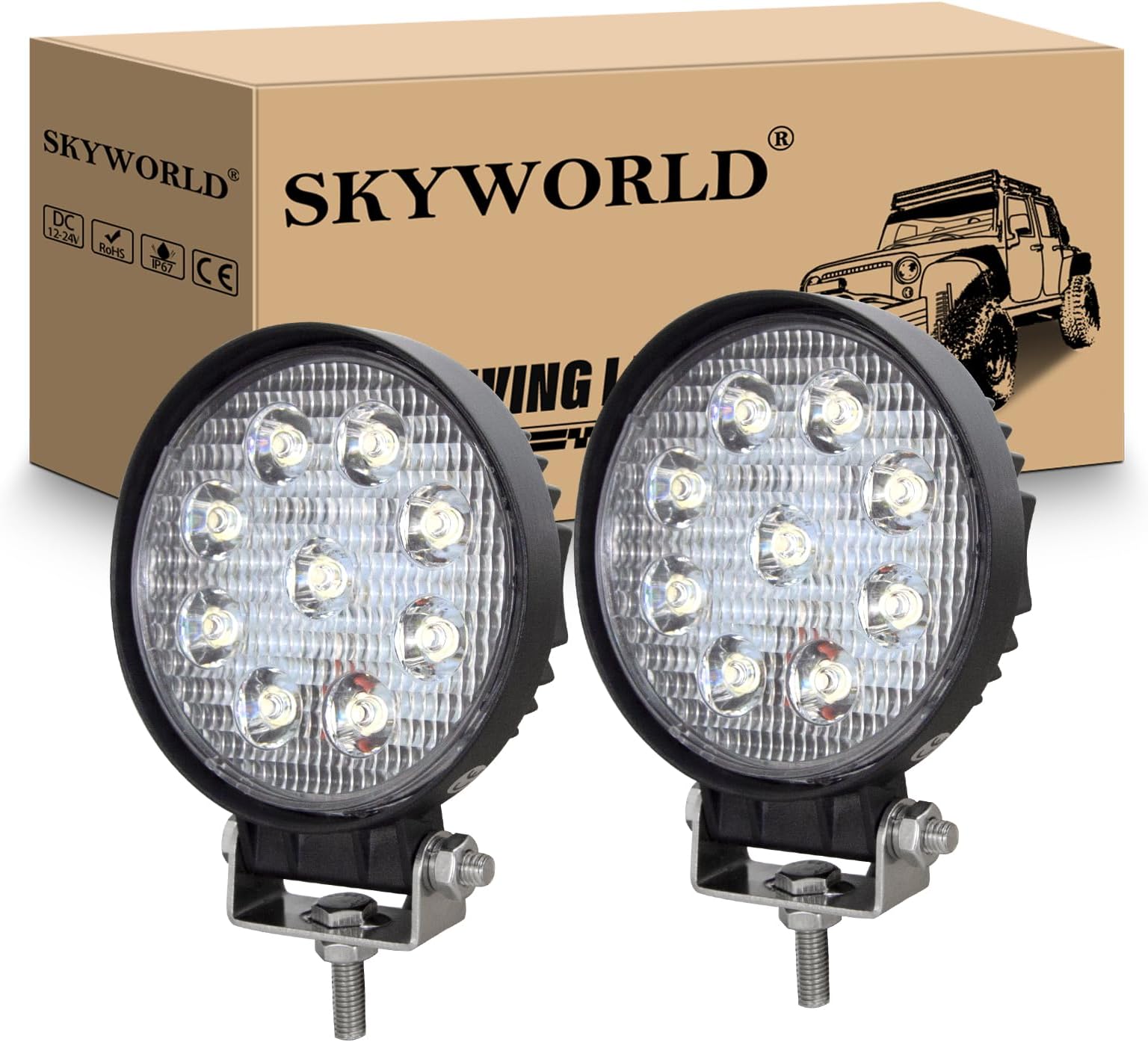 SKYWORLD 2Pcs 4 inch 27W Round Led Work Lights, Offroad LED Spot Lights 12V 24V Waterproof Led Pod Lights Driving Fog Lights Lamp for 4x4 Car Truck Tractor SUV ATV Boat, 6000K White