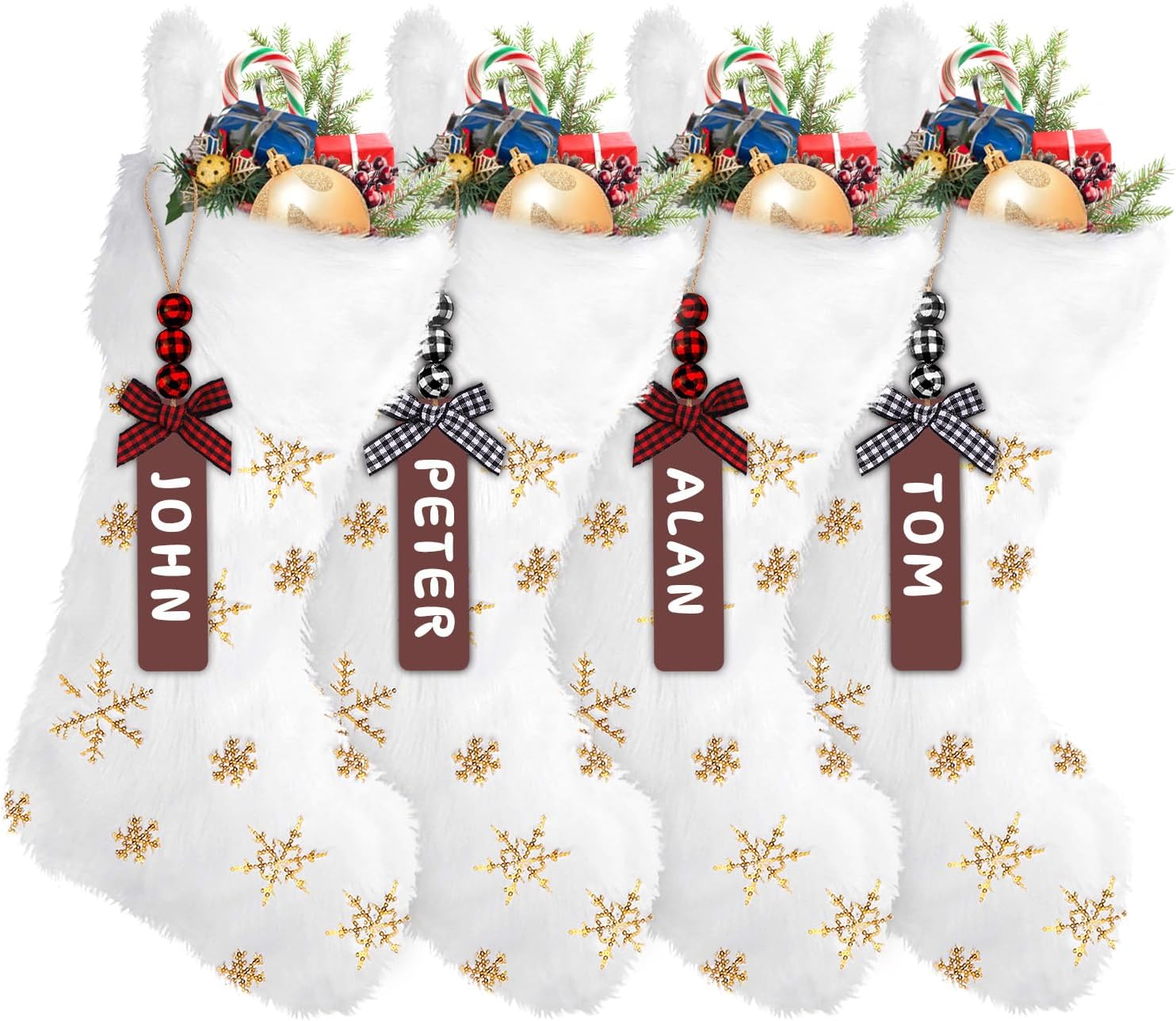 XIMISHOP 4PCS White Christmas Stockings, Large Xmas Glitter Snowflake Plush Hanging Stocking Decoration with Name Tags for Christmas Holiday Family Party Decorations