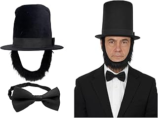Adult Deluxe Abe Lincoln Hat with Removable Beard and Bow Tie Quick Getup – 8-Inch Tall Stovepipe Abraham Lincoln Costume Top Hats, Black, Adjustable Size