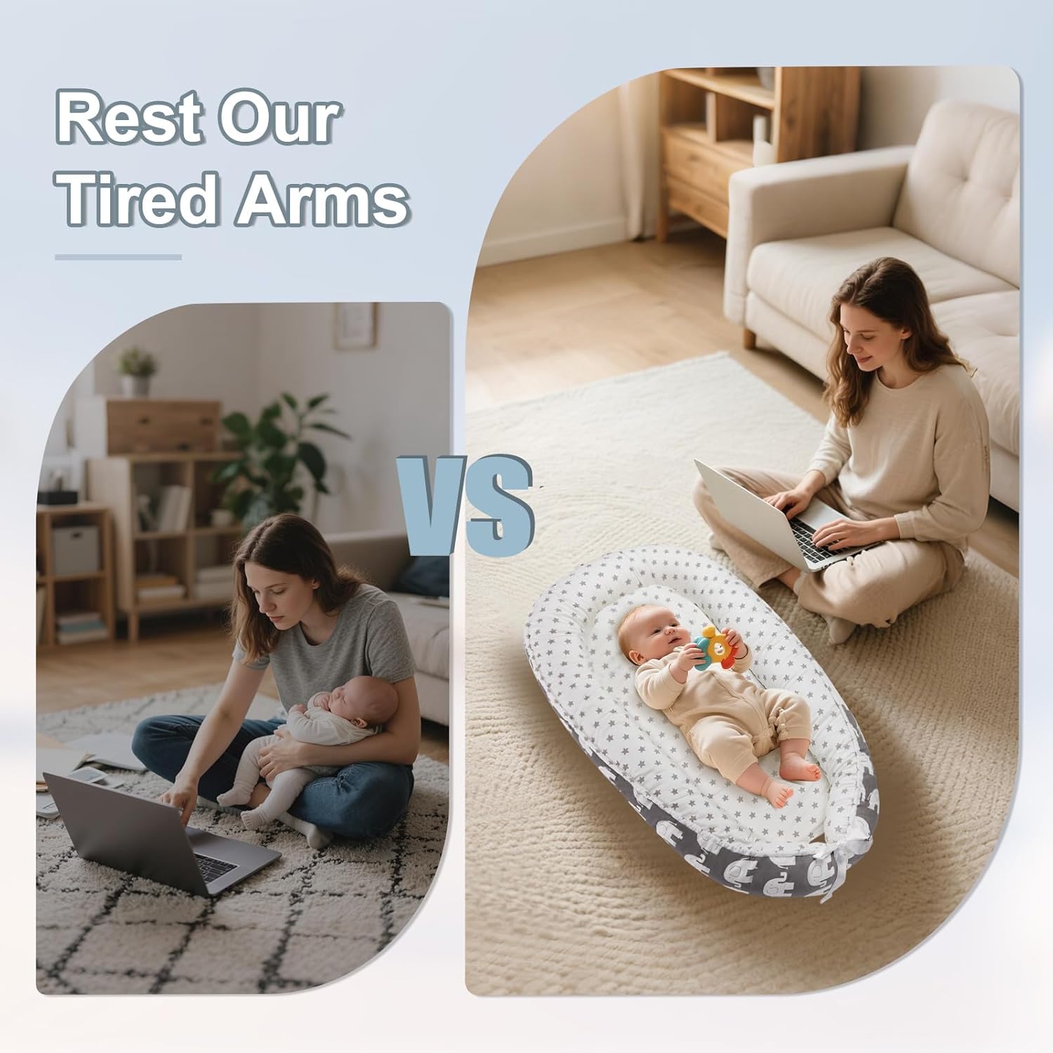 Baby Lounger for Newborn (0-24 Months) - 100% Cotton Baby Nest with Handles, 2-in-1 Play Mat & Diaper Changing Pad, Portable for Home & Travel, Infant Essentials Gifts (Elephant Gray) - Image 2