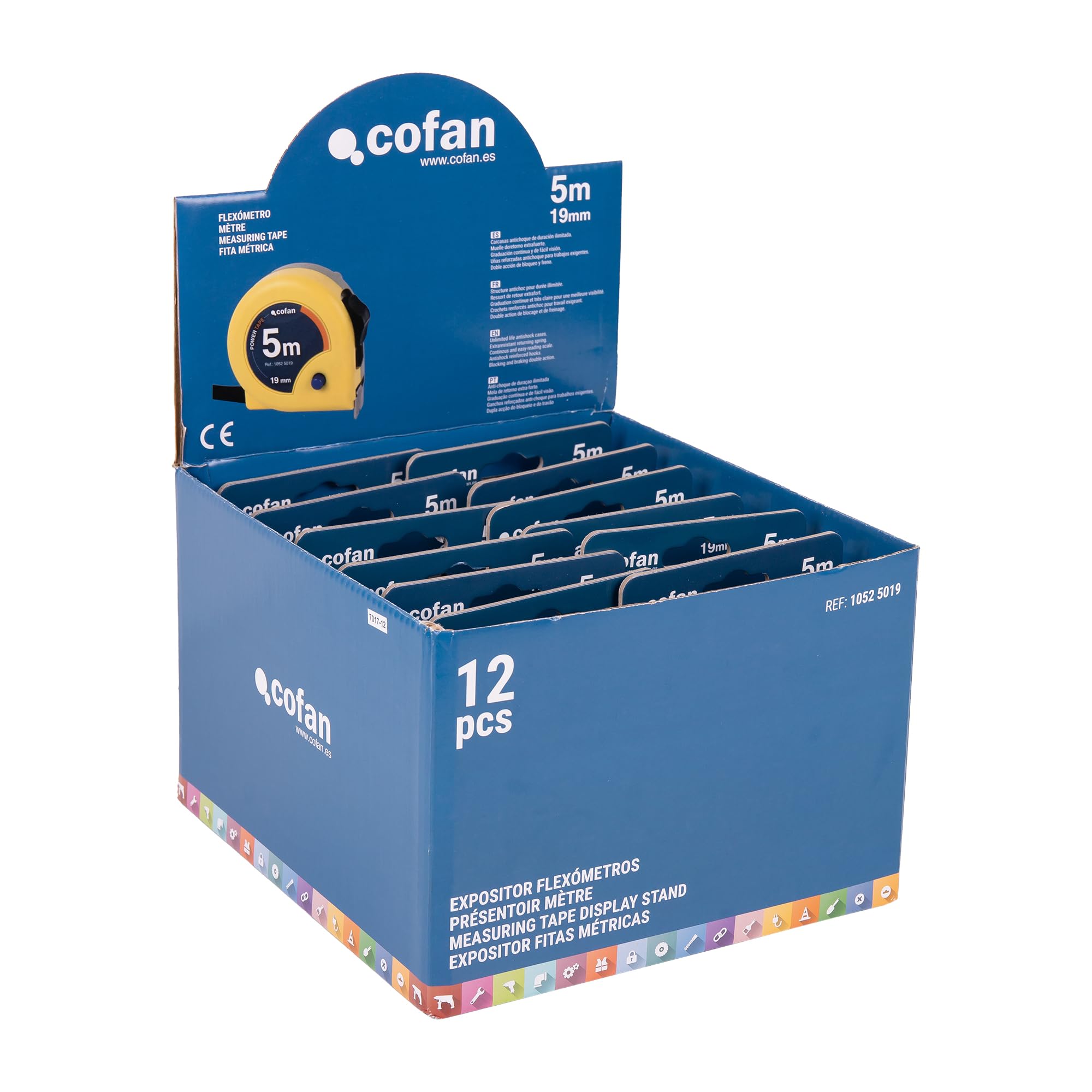 Cofan Cofan - Espositore per flessometri con blocco a lama, include 12 flessometri | Flexometro 5 m x 19 mm (foglia) | Misura espositore: 22 x 23,8 x 15,5 cm