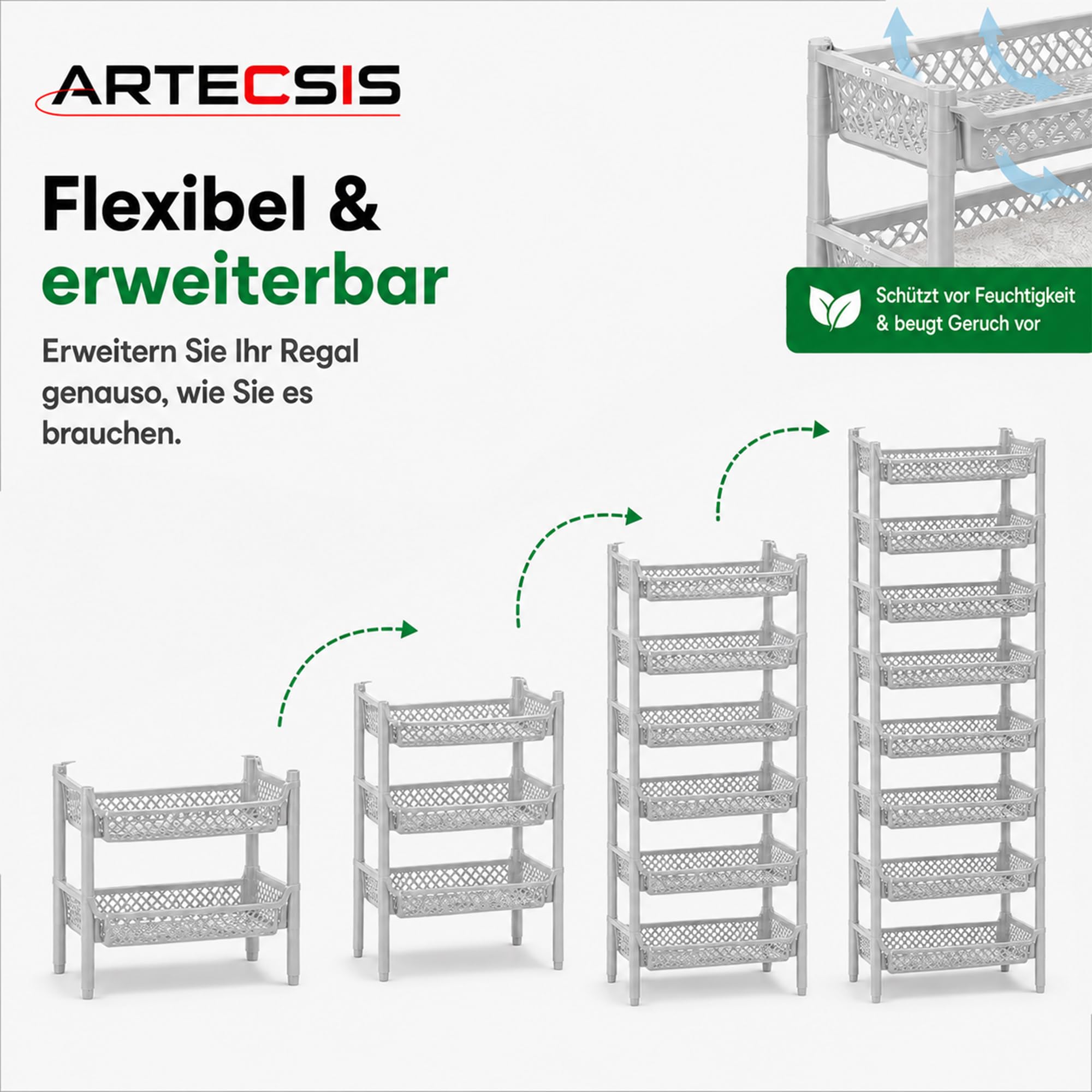ARTECSIS® Korbregal aus Kunststoff mit 6 Regal-Etagen stapelbar & modular erweiterbares Stecksystem grau (schmal) - Kellerregal & Vorratsregal für Lagerung - Abstellraum Steckregal & Lagerregal