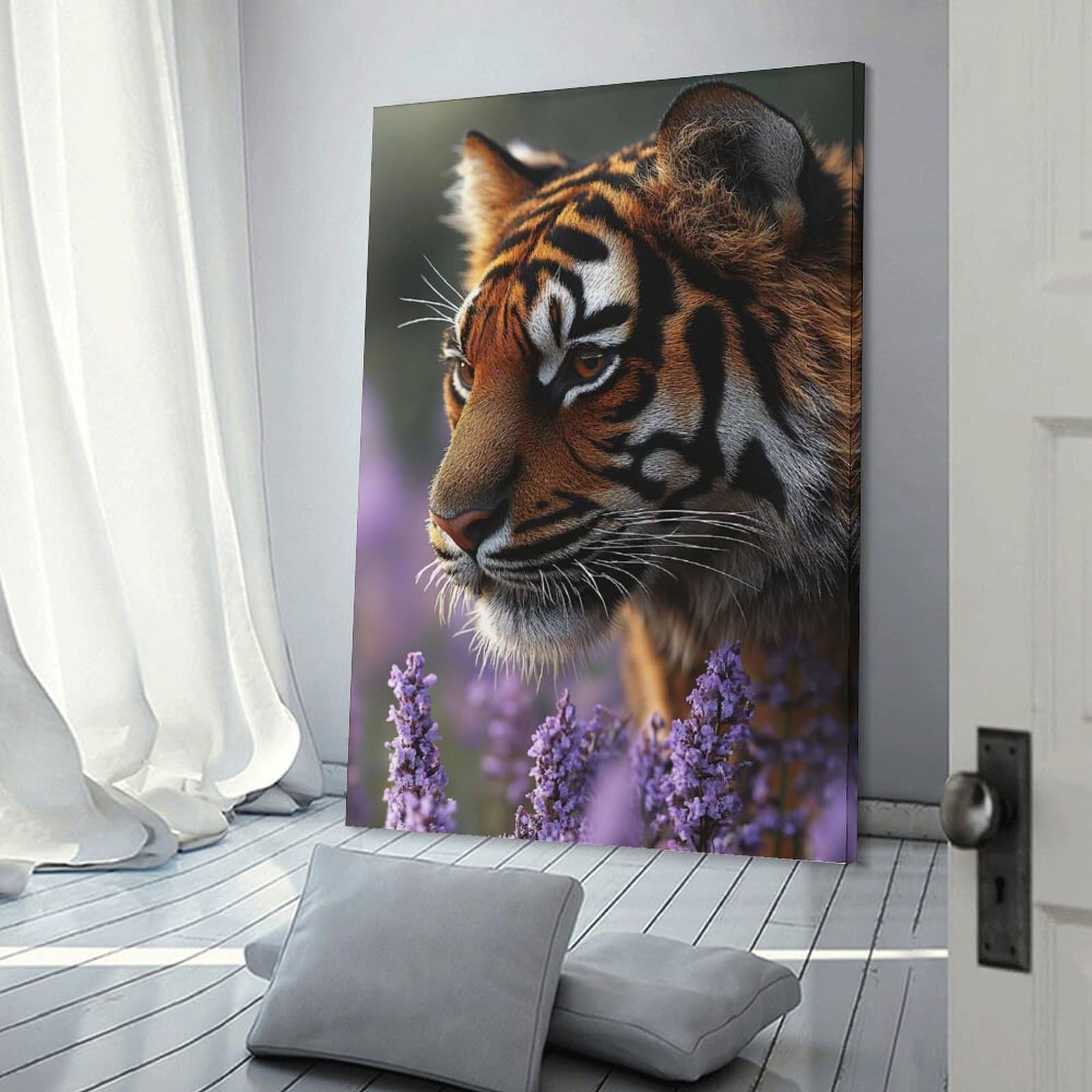 Junmoney Frame-Style-5 Hanging Wall Art Tiger In Lavender Field Portrait, 20X30inch(50X75cm), For Gallery Wall Layouts In Home Or Office, An Easy Match For Collected Prints