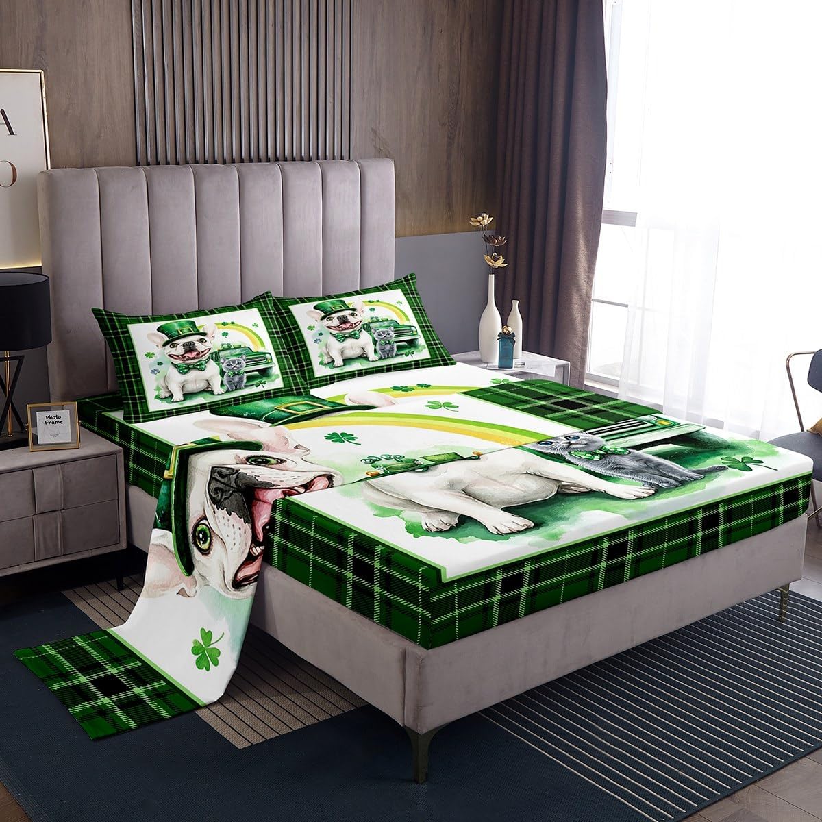 jejeloiu ST Patricks Day Bed Sheets Set for Kids Boys Girls Twin Size Gold Coin Pot Fitted Sheet Lucky Shamrocks Bedding Collection Green Hat Bedding Set Rainbow Pattern