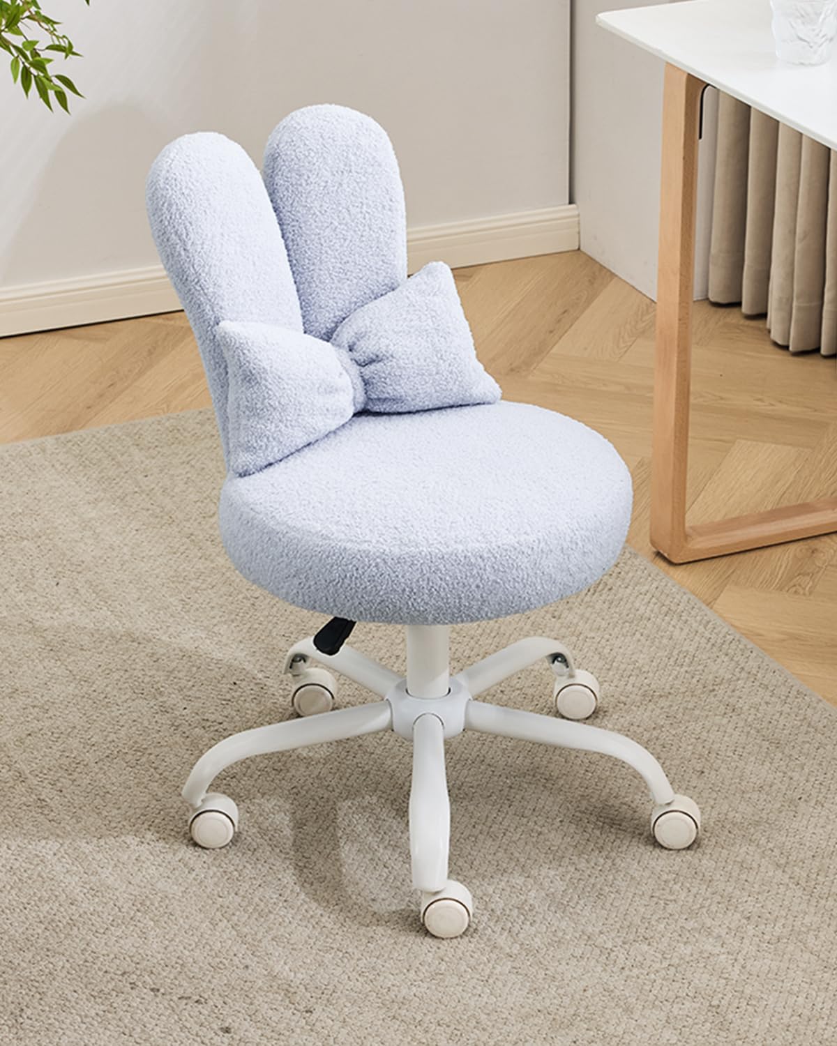 Karl home Office Chairs, Vanity Chair with Wheels, Playful Rabbit Ear Backrest, Cozy Teddy Fabric, Versatile Bow Pillow, Thickened Cushion, Rounded Corners and SGS Tested Components (Blue)
