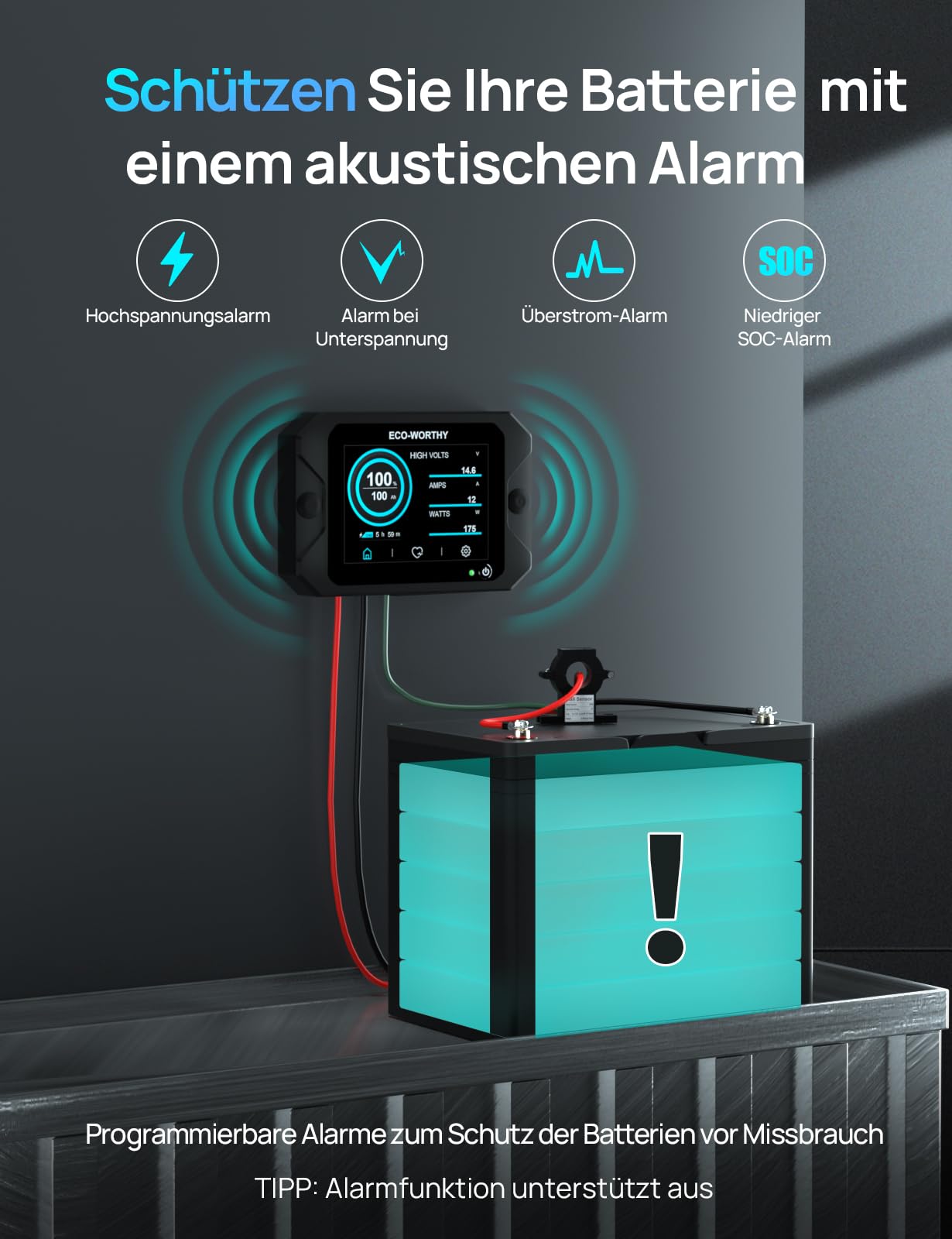 ECO-WORTHY aufgerüstet Batterie Monitor 300A 12V/24V/36V/48V,3,5" Touchable Display Batteriemonitor mit Alarm,9-80V Li-Ion/LiFePO4/Gel-Batterien Batterietester für Wohnmobile, Solaranlagen