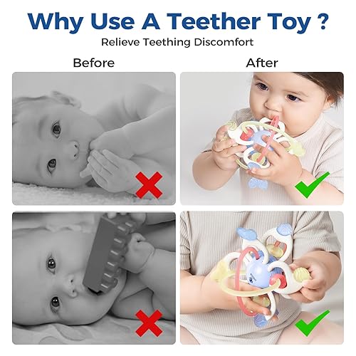 Miniatura 8 de Evoceler Juguete para bebé, juguete sensorial Montessori para 0-6, 6-12 meses, giratorio 10 texturas de silicona suave juguete de dentición con caja